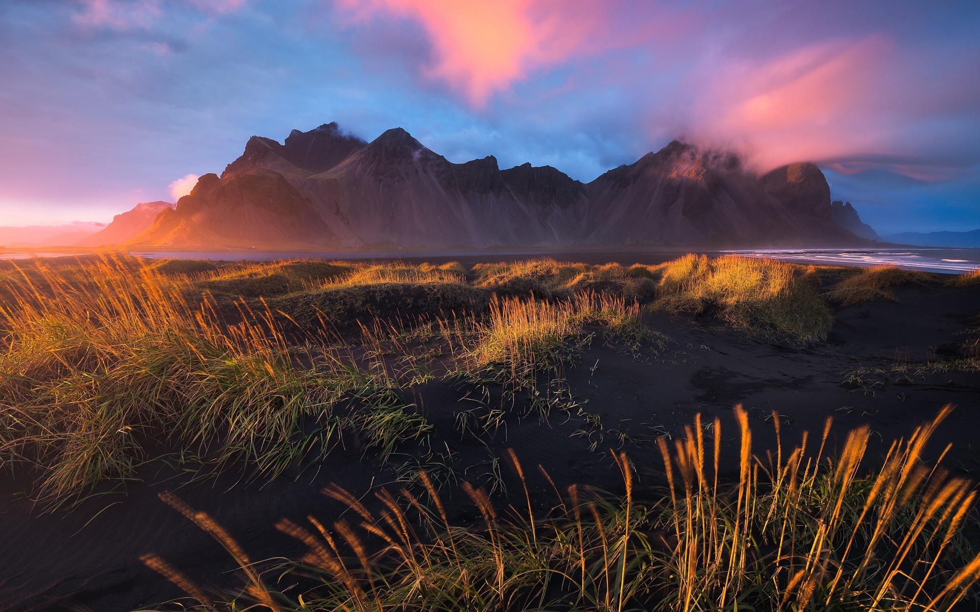 clouds, cape, the sky, iceland, the evening, have stoknes, hornafjordur, beach, the fjord, mountains, light, morning