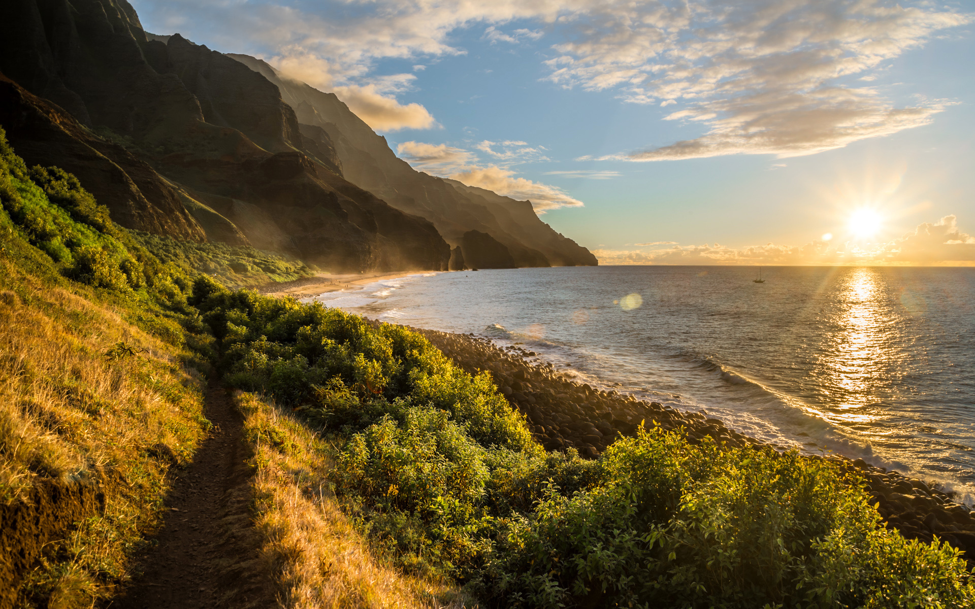 dawn, coast, sea, rocks, kalalau, the sun, the sky, horizon, clouds, hawaii