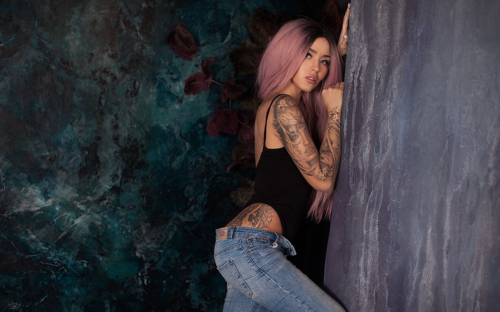 women, tanned, pink hair, dyed hair, tattoo, monokinis, long hair, jeans, lip ring, pink lipstick