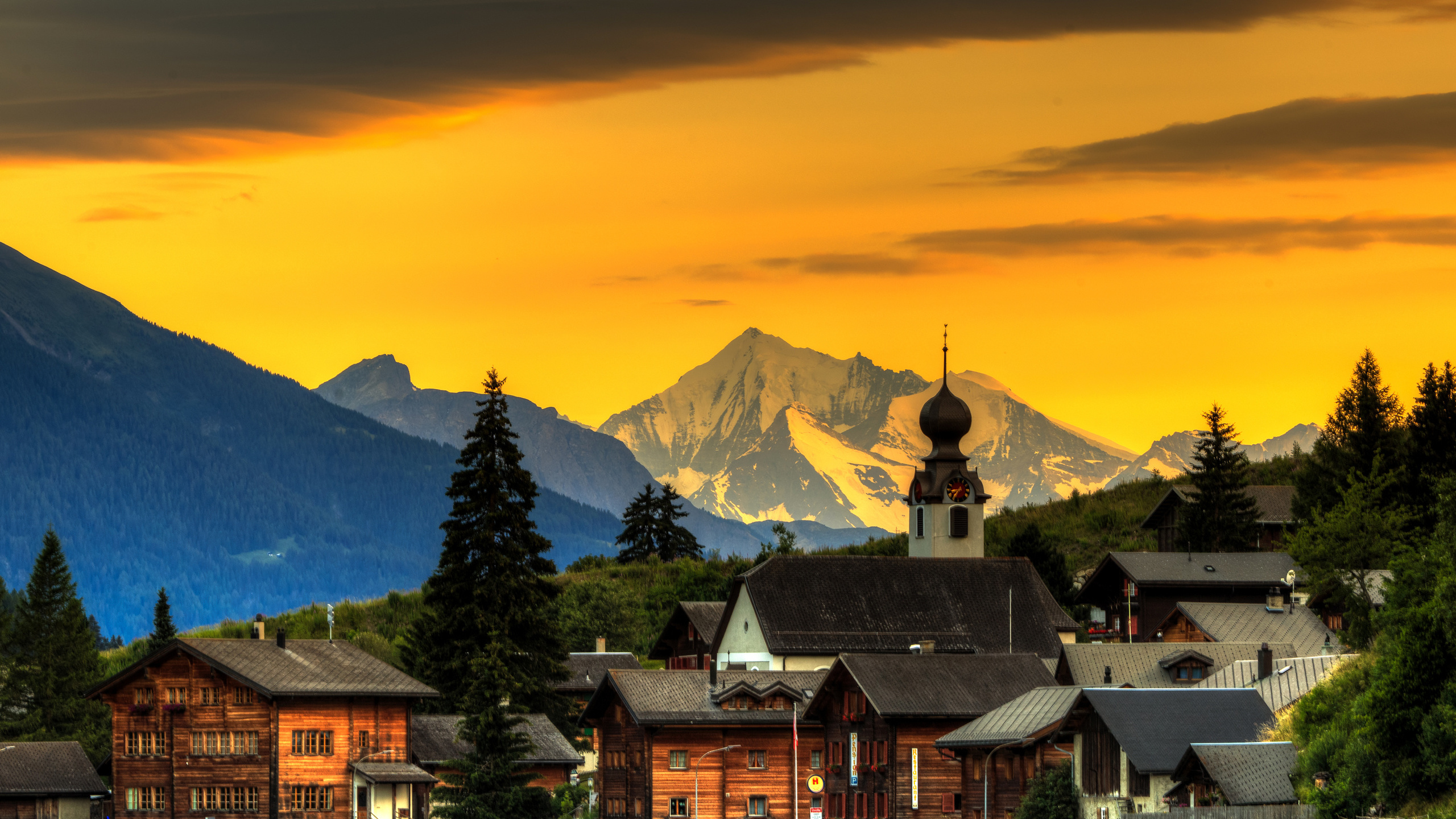 switzerland, mountains, glow, blitzingen, house, trees, goms, sky, forest