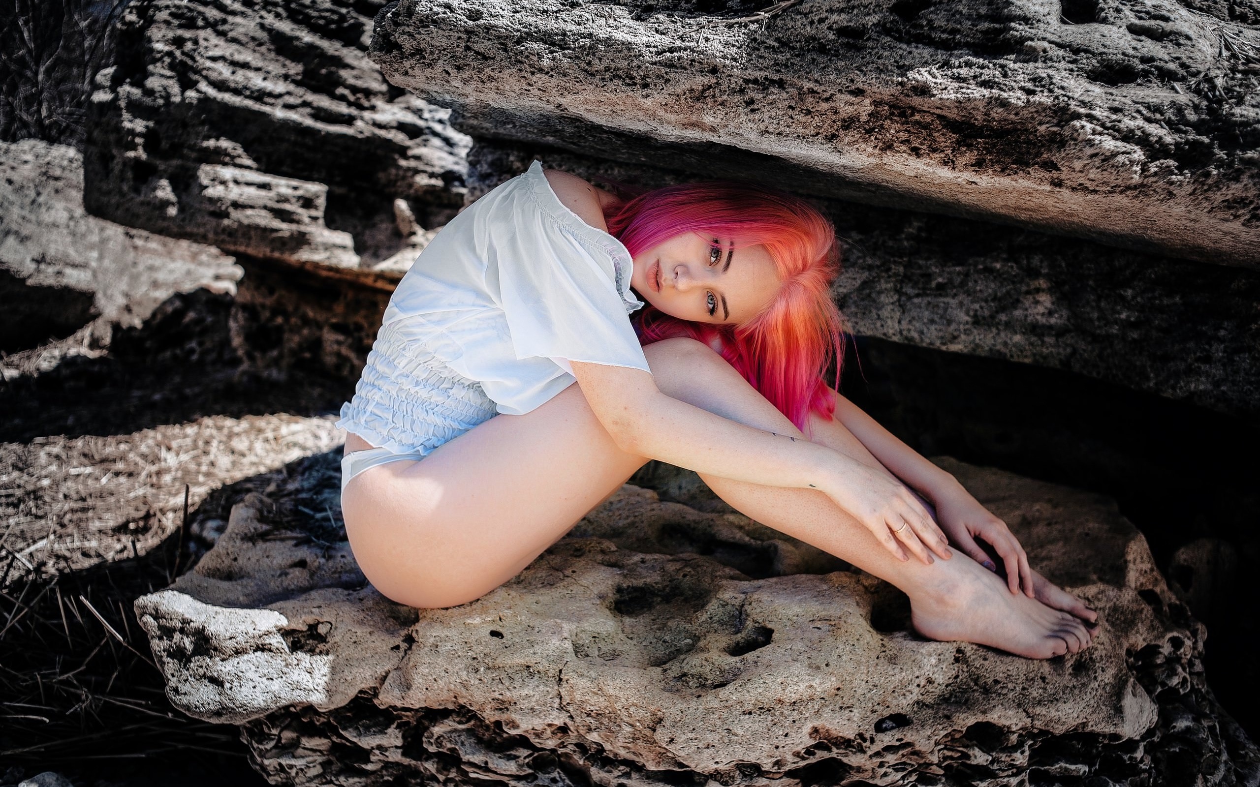 women, pink hair, women outdoors, dyed hair, tattoo, sitting, white panties, rocks