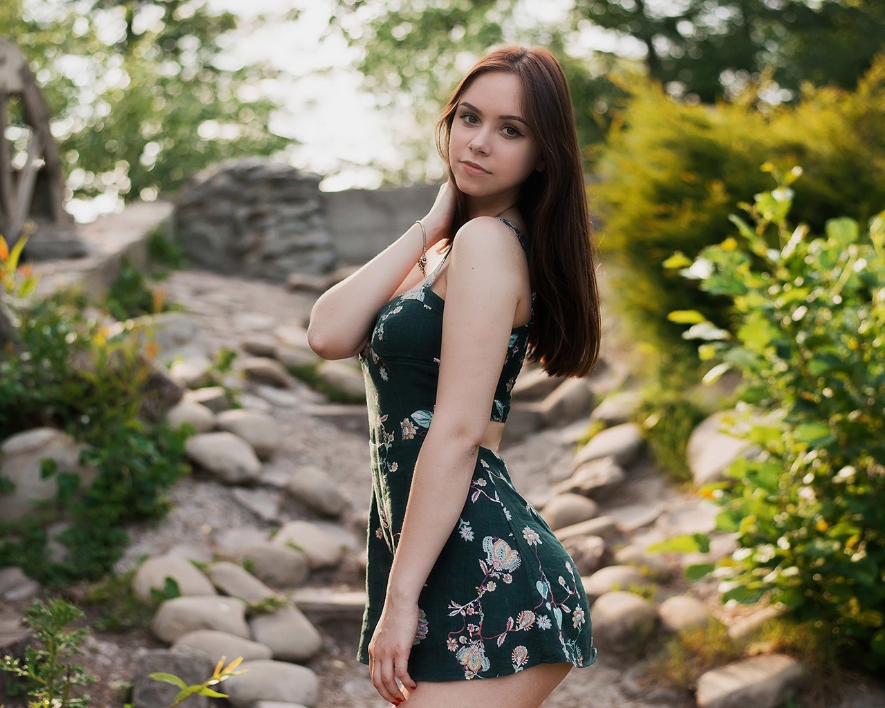 women, portrait, dress, women outdoors, brunette, red nails, ass, depth of field, stones