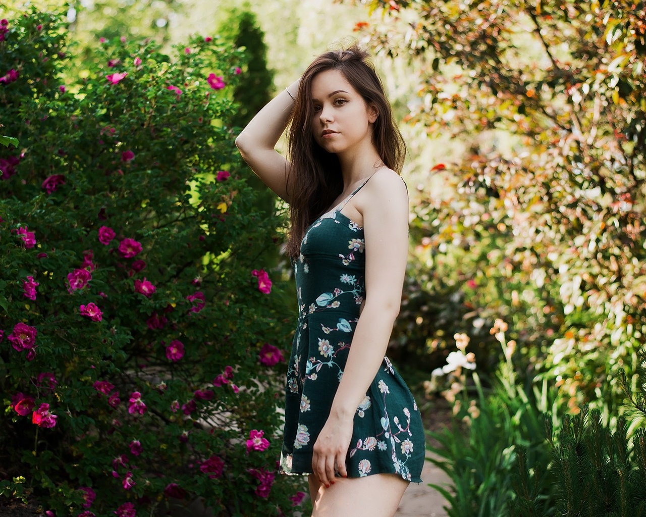 women, portrait, dress, women outdoors, brunette, red nails, depth of field, flowers