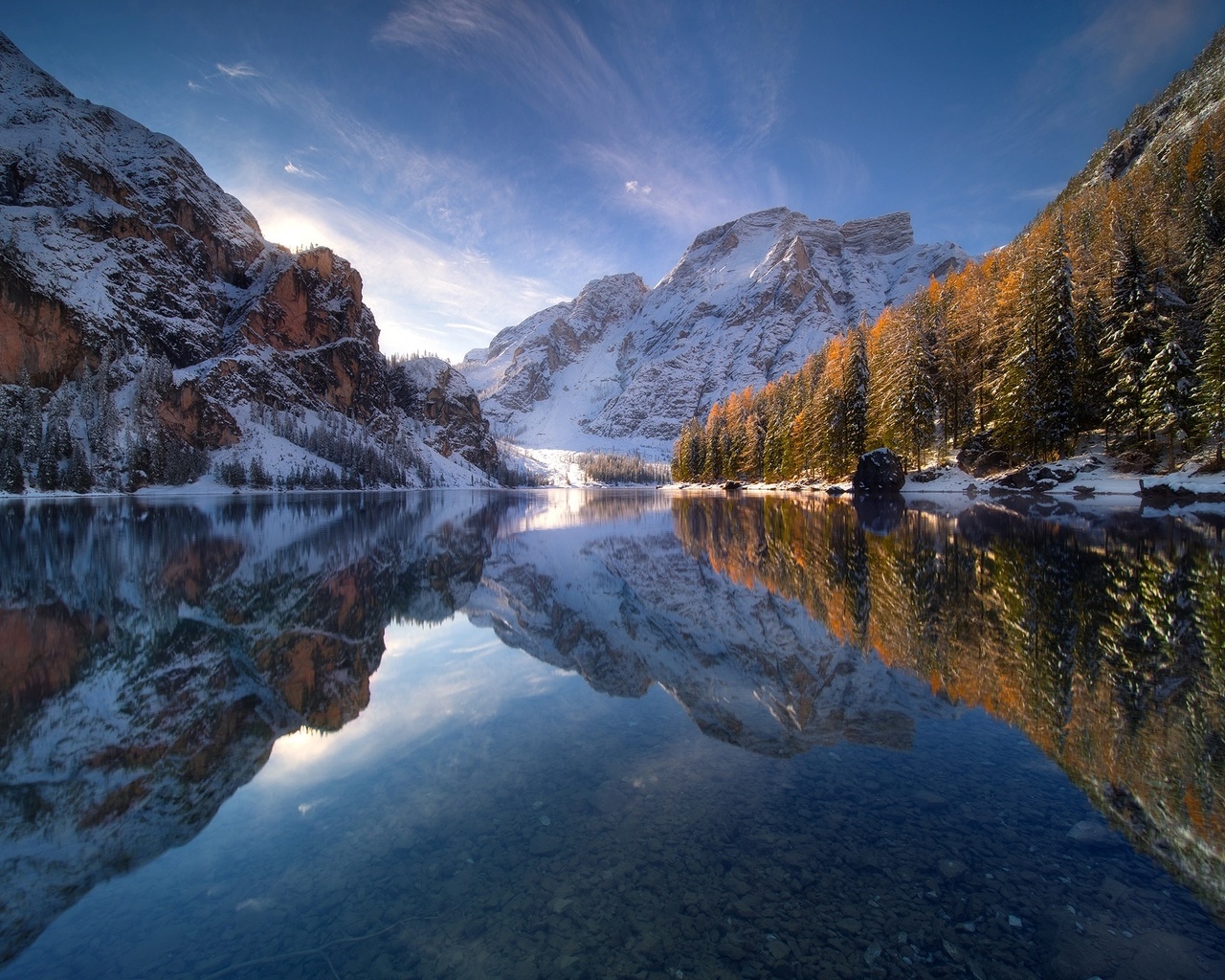 autumn, the sky, reflection, snow, winter, lake, mountain