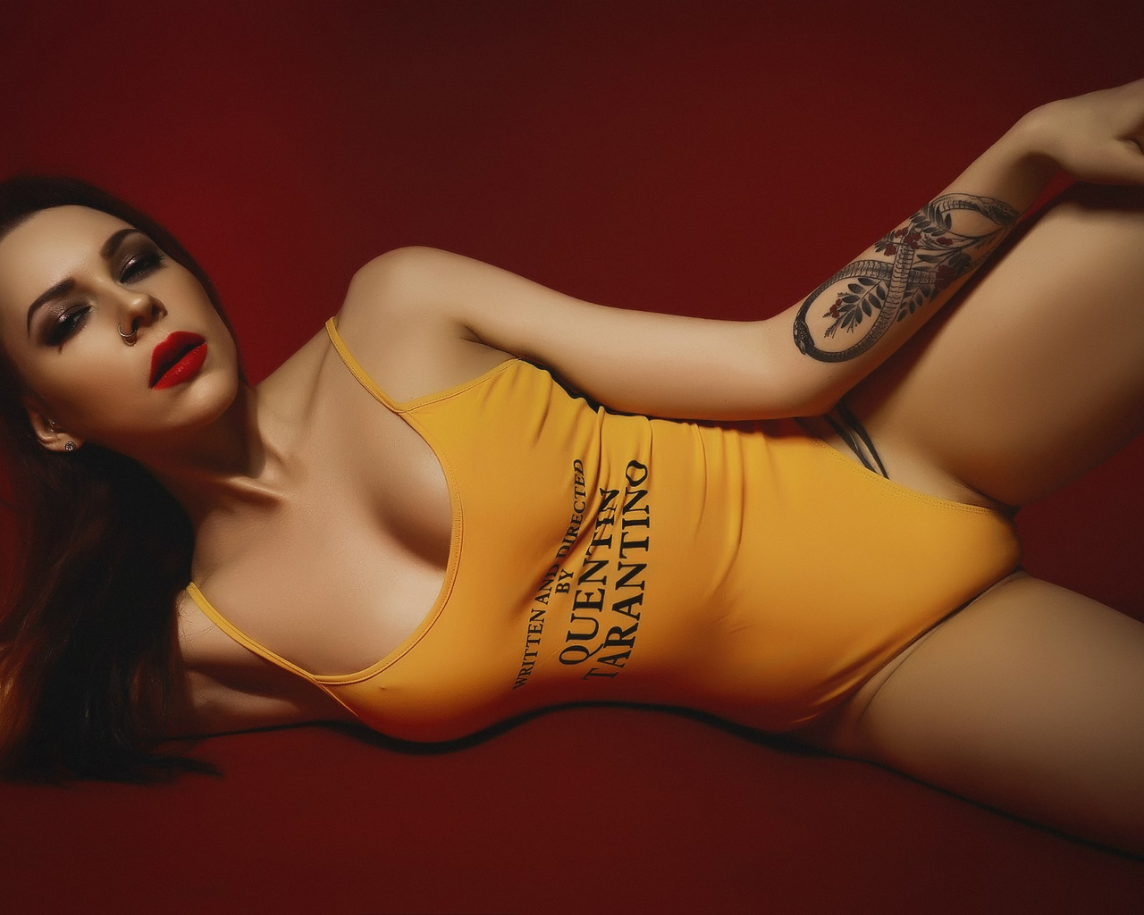 valeria peshkova, women, monokinis, red lipstick, tattoo, brunette, red background, nose ring