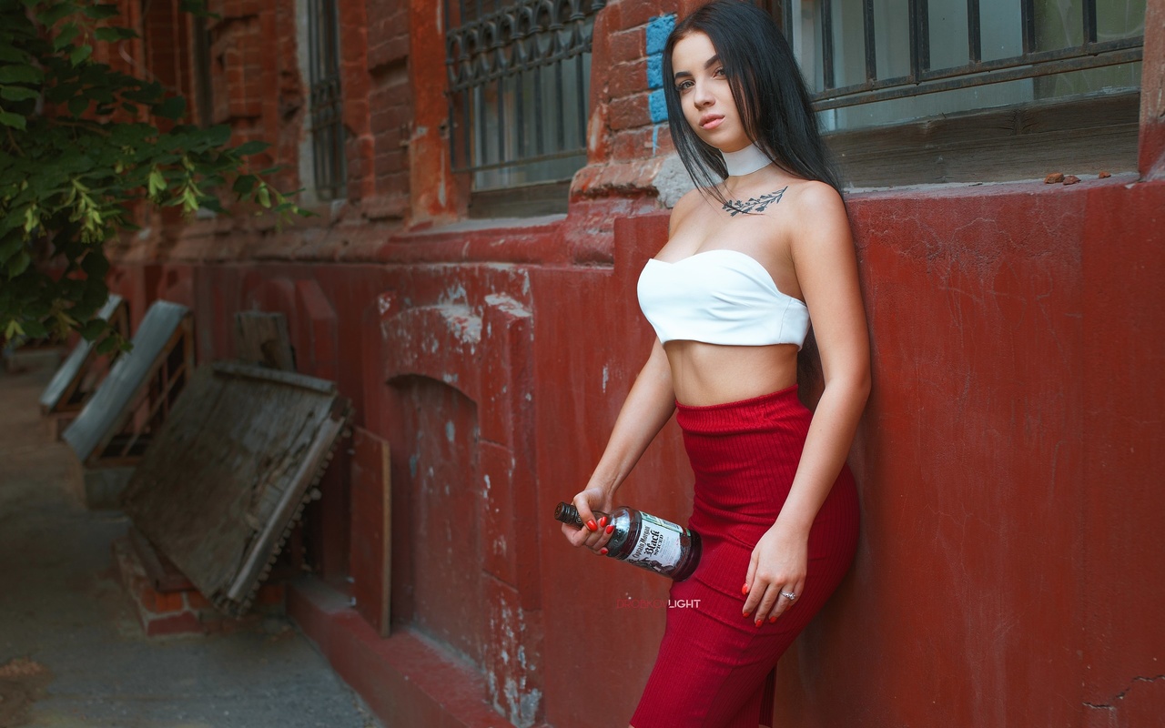 women, portrait, brunette, red nails, skirt, tattoo, bottles