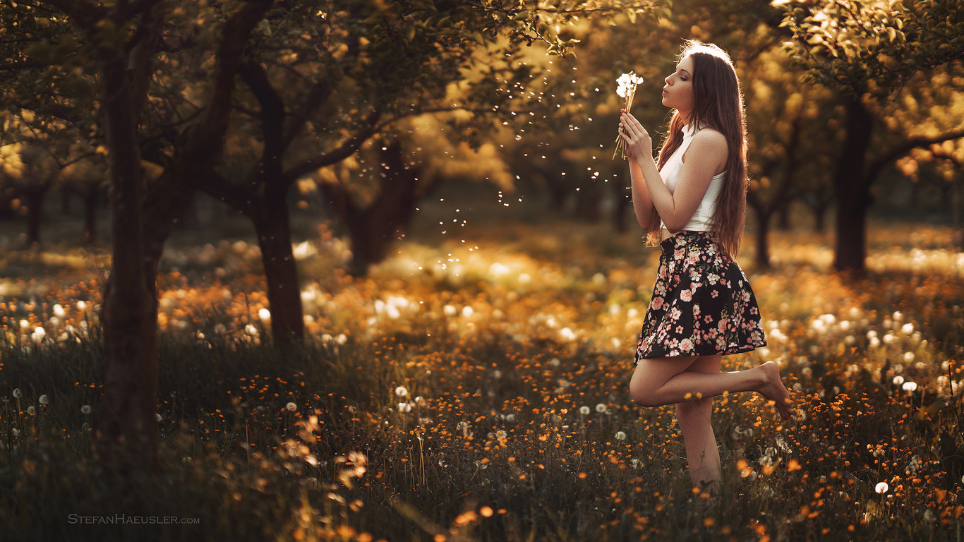 women, nature, trees, women outdoors, skirt, dandelion, long hair