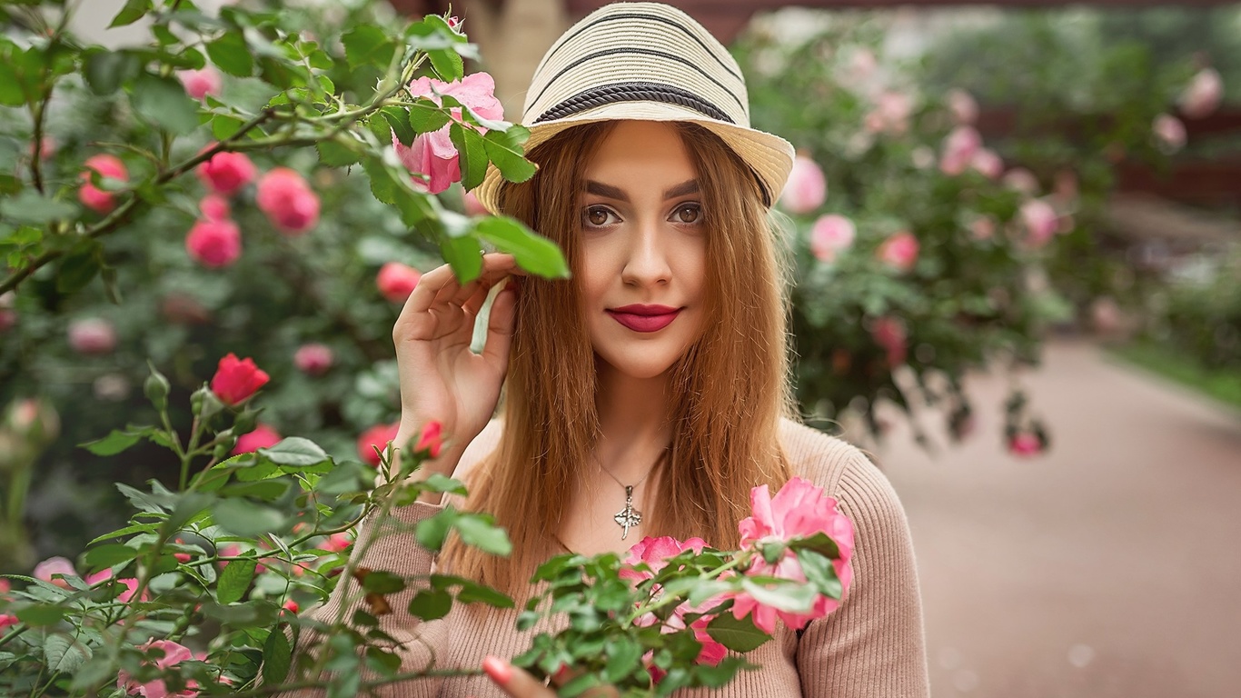 women, portrait, hat, kristina kardava, smiling, women outdoors, necklace, depth of field