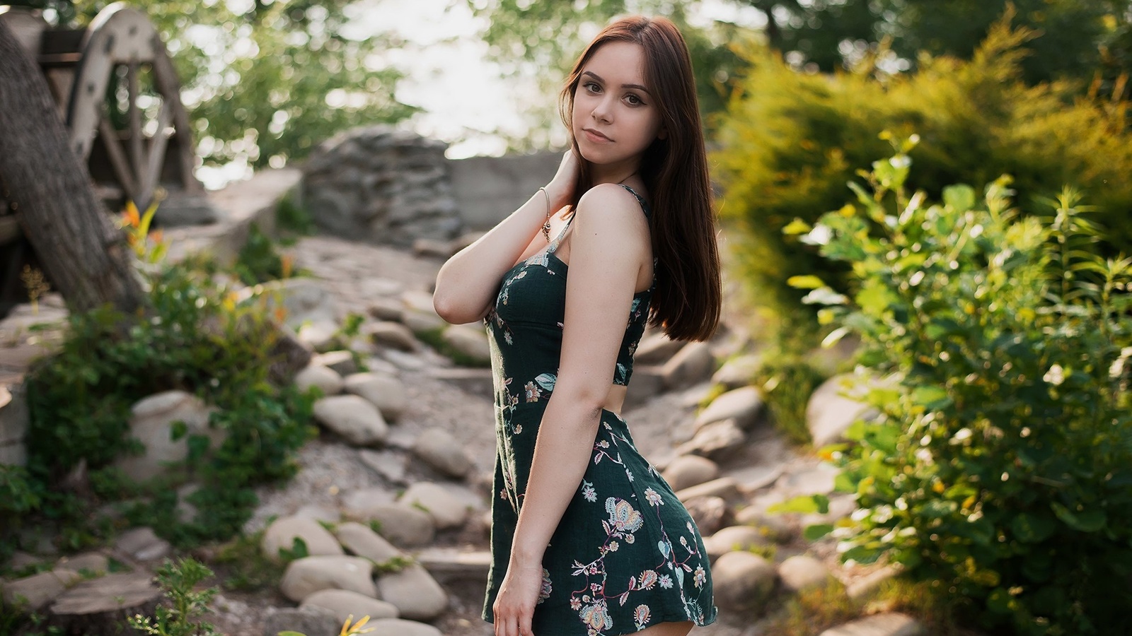 women, portrait, dress, women outdoors, brunette, red nails, ass, depth of field, stones