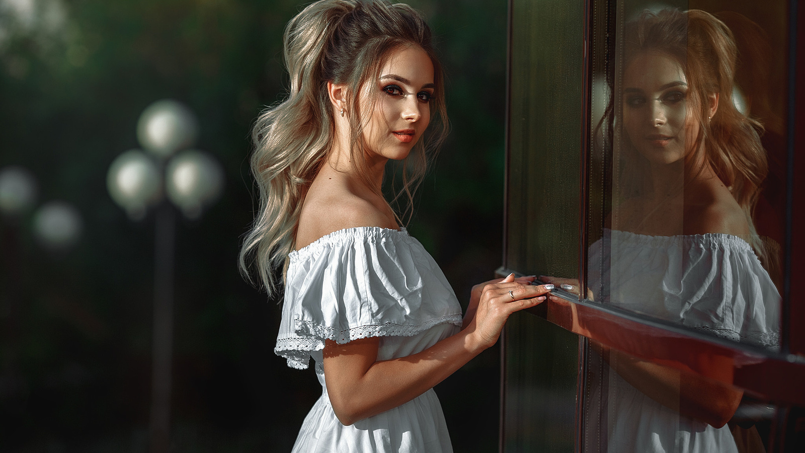 women, blonde, smiling, portrait, glass, reflection, white dress, bare shoulders