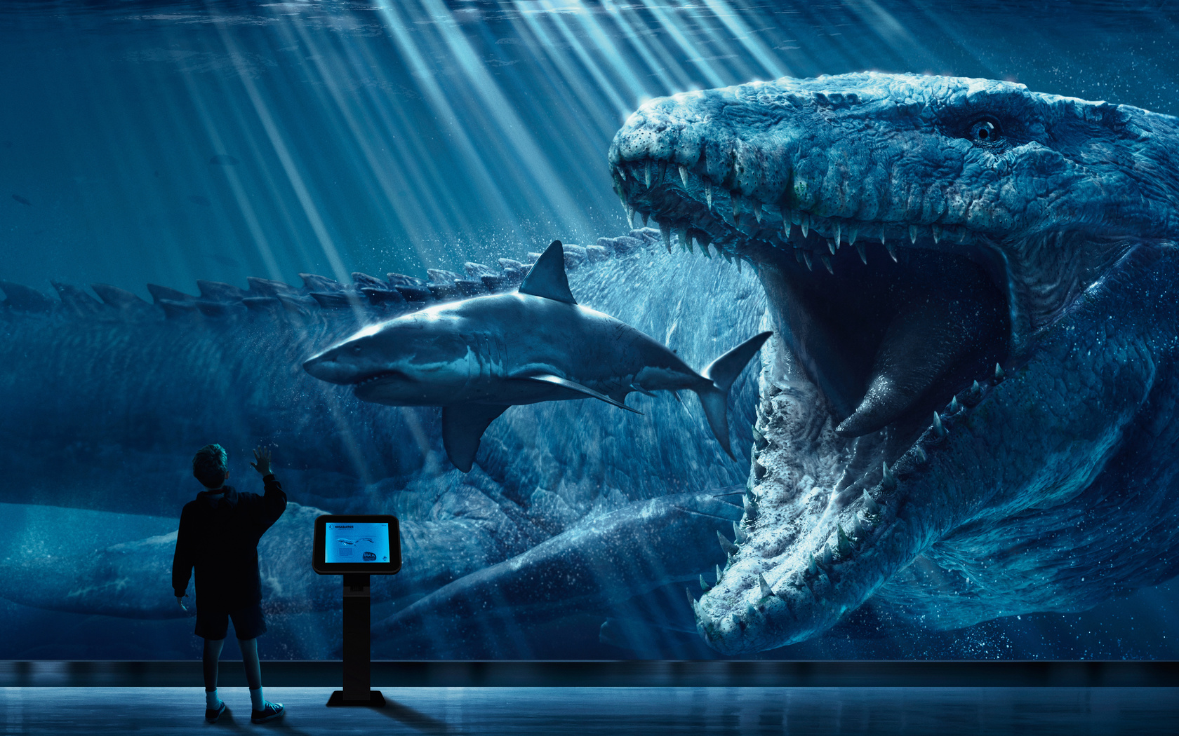 jurassic world, mosasaurus, underwater, 3d, 