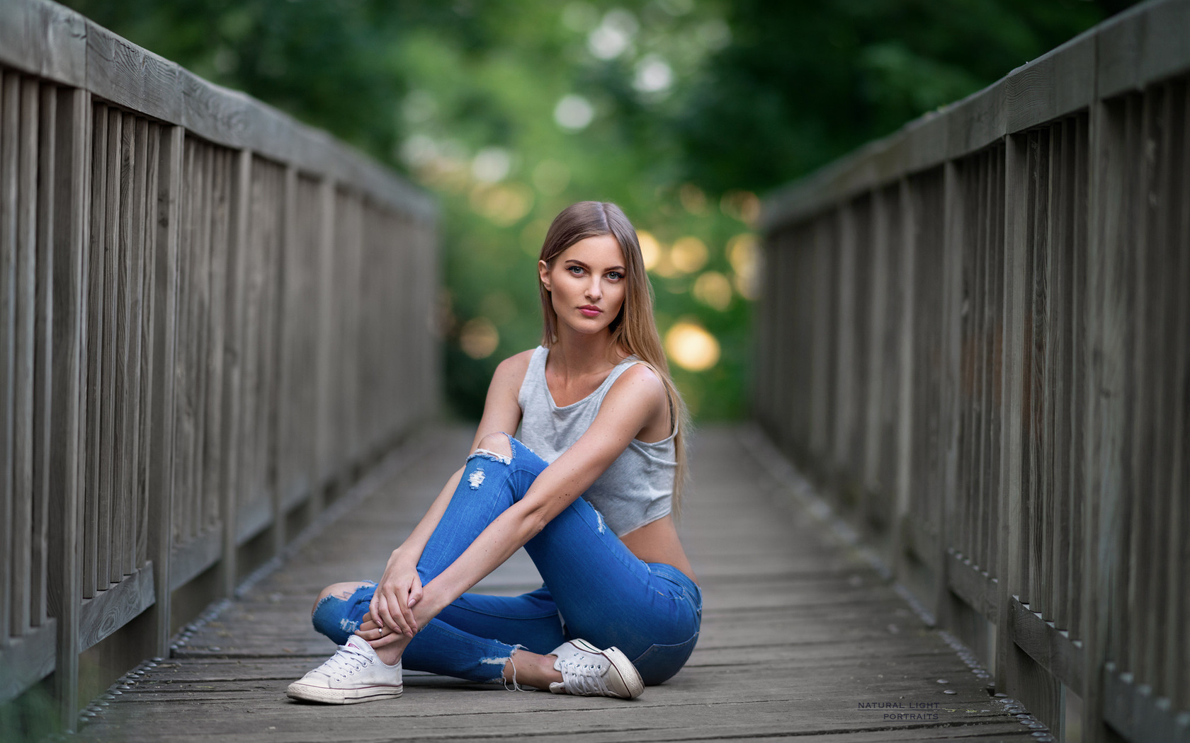 women, blonde, sneakers, pink lipstick, sitting, brunette, torn jeans, bridge, portrait