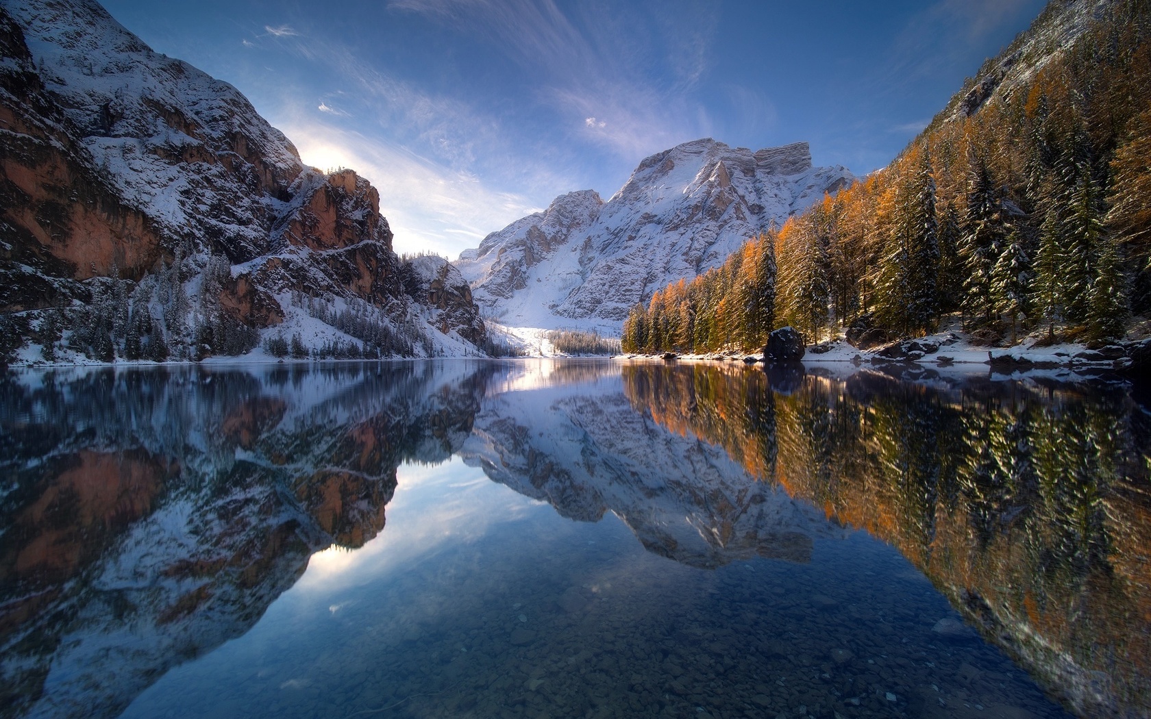 autumn, the sky, reflection, snow, winter, lake, mountain