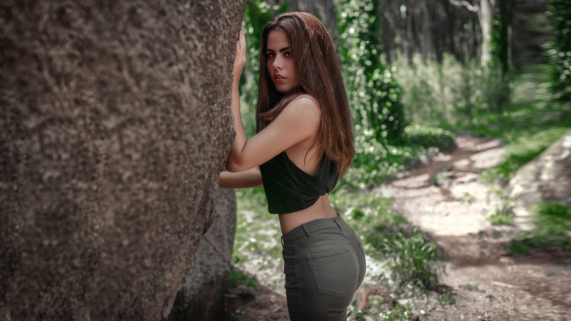 women, jeans, portrait, brunette, depth of field, women outdoors