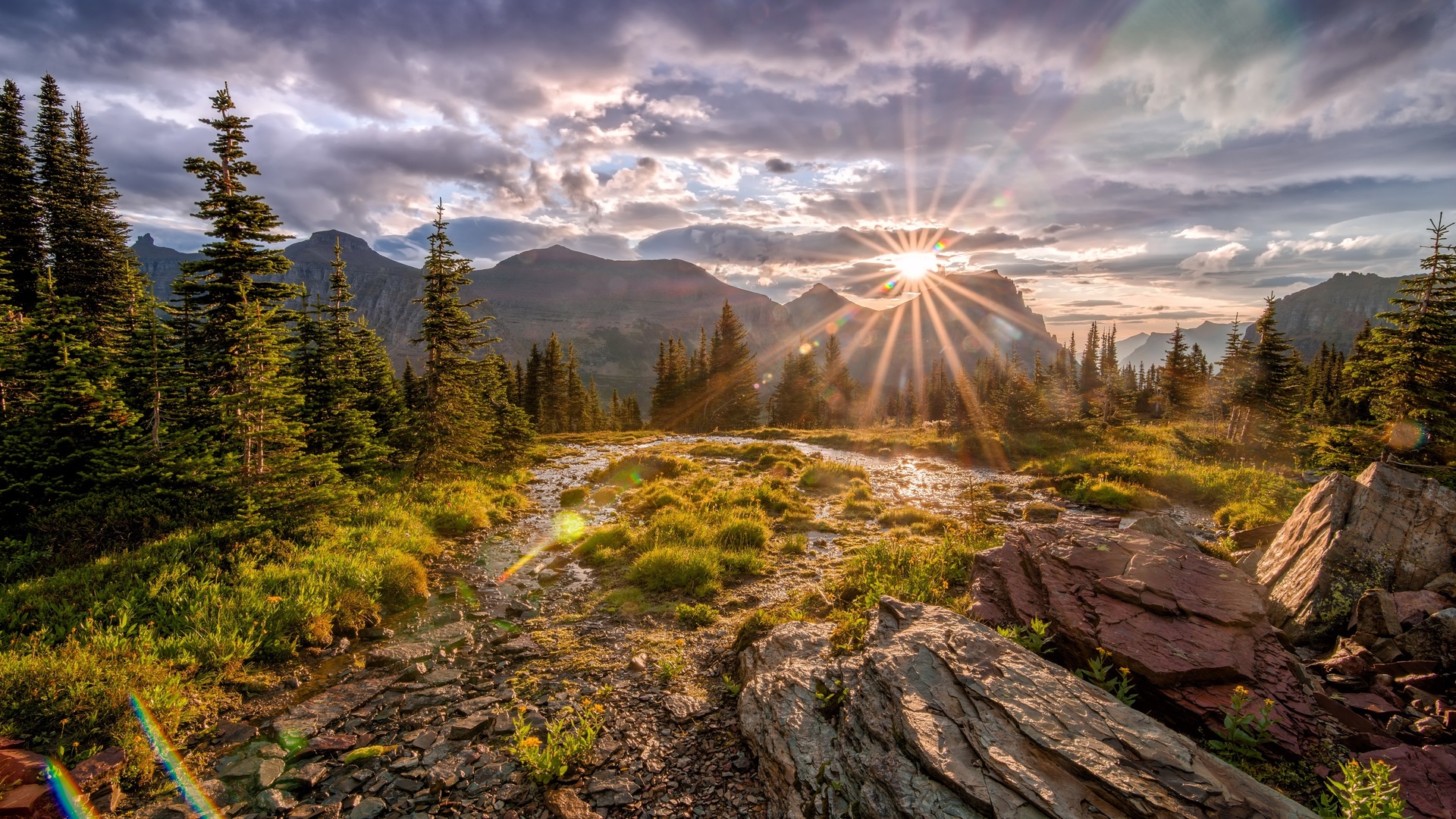 glacier, national park, mountains, trees, stones, sun rays, autumn