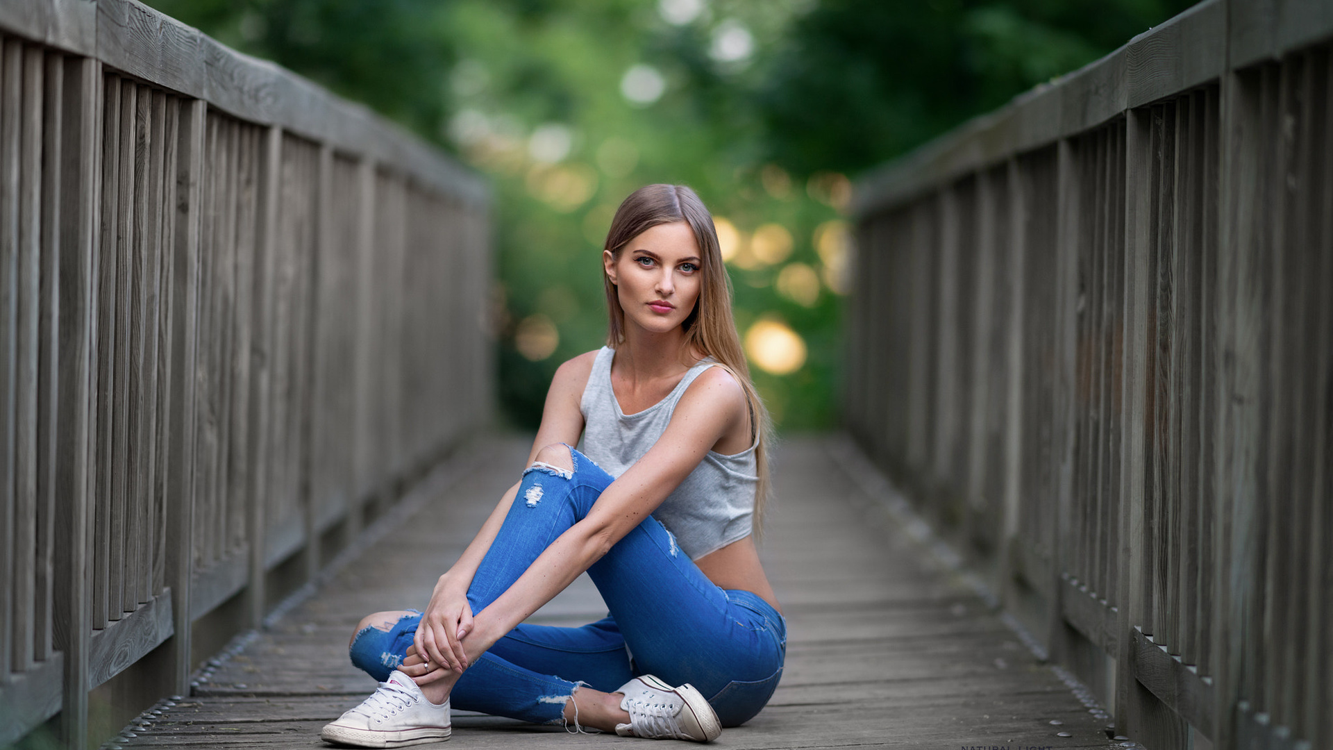 women, blonde, sneakers, pink lipstick, sitting, brunette, torn jeans, bridge, portrait