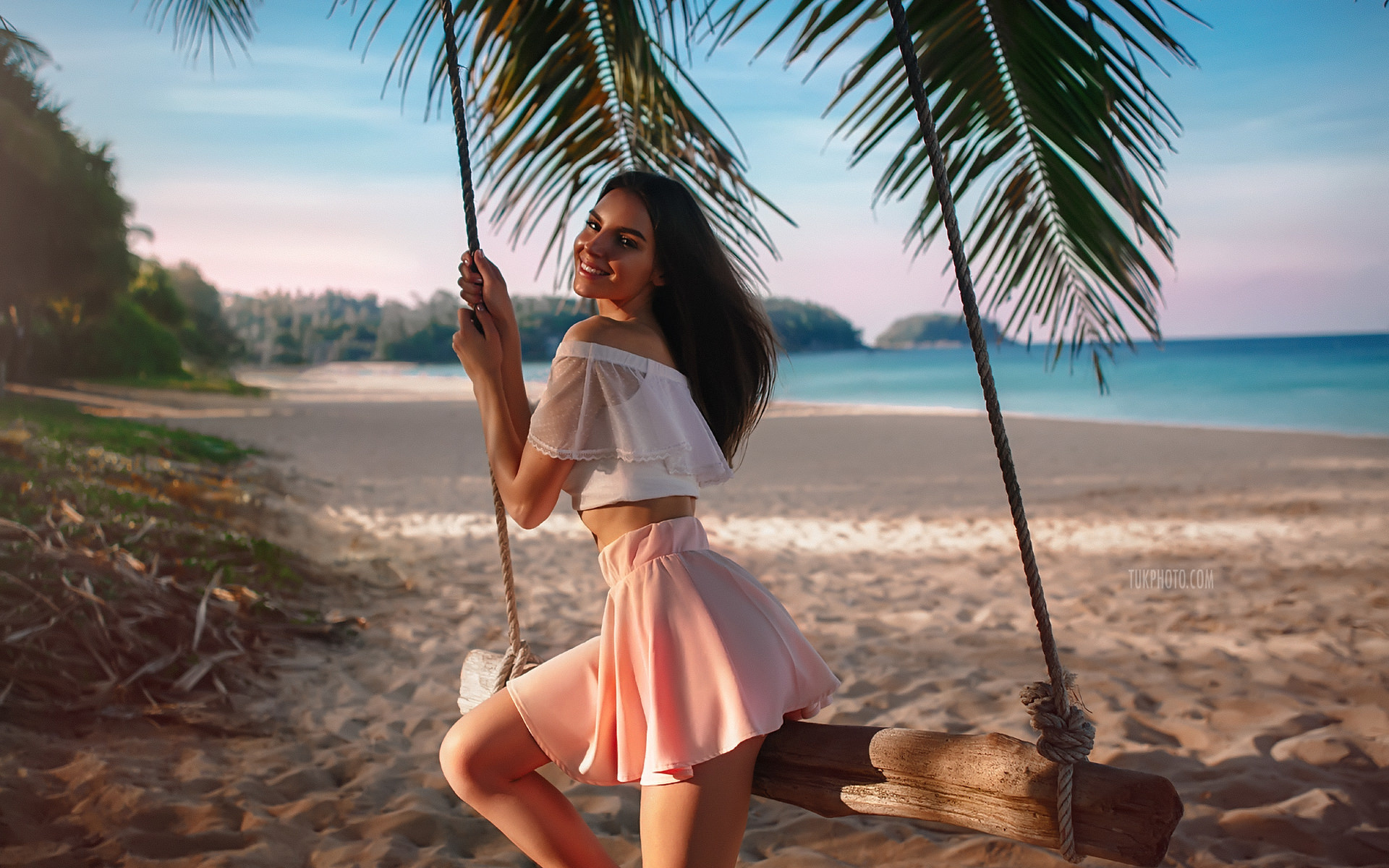 galina dubenenko, women, beach, sand, women outdoors, portrait, skirt, sea, tanned, bare shoulders, smiling