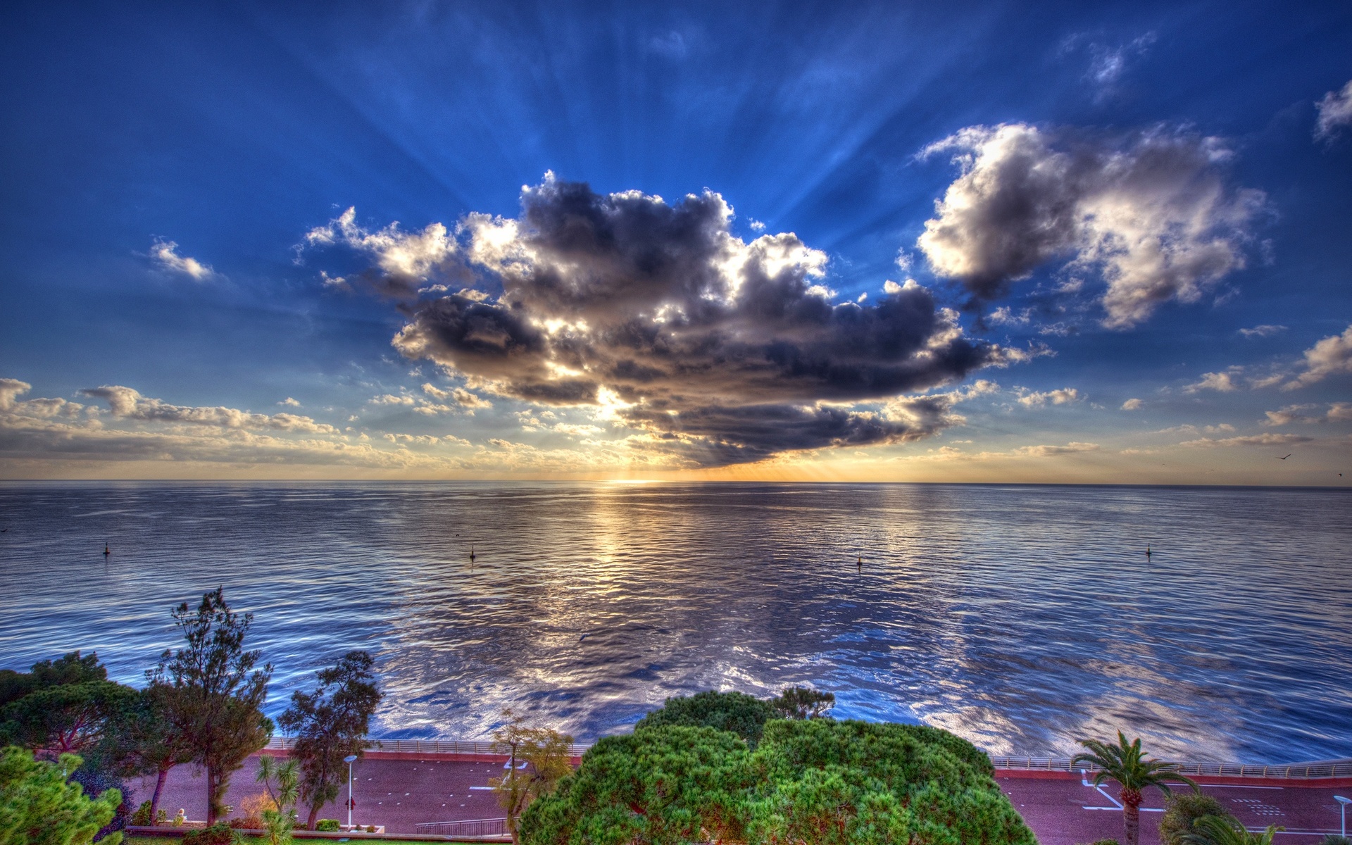 clouds, promenade, hdr, the sun, sea, coast, trees, road, horizon, the sky, rays, monaco