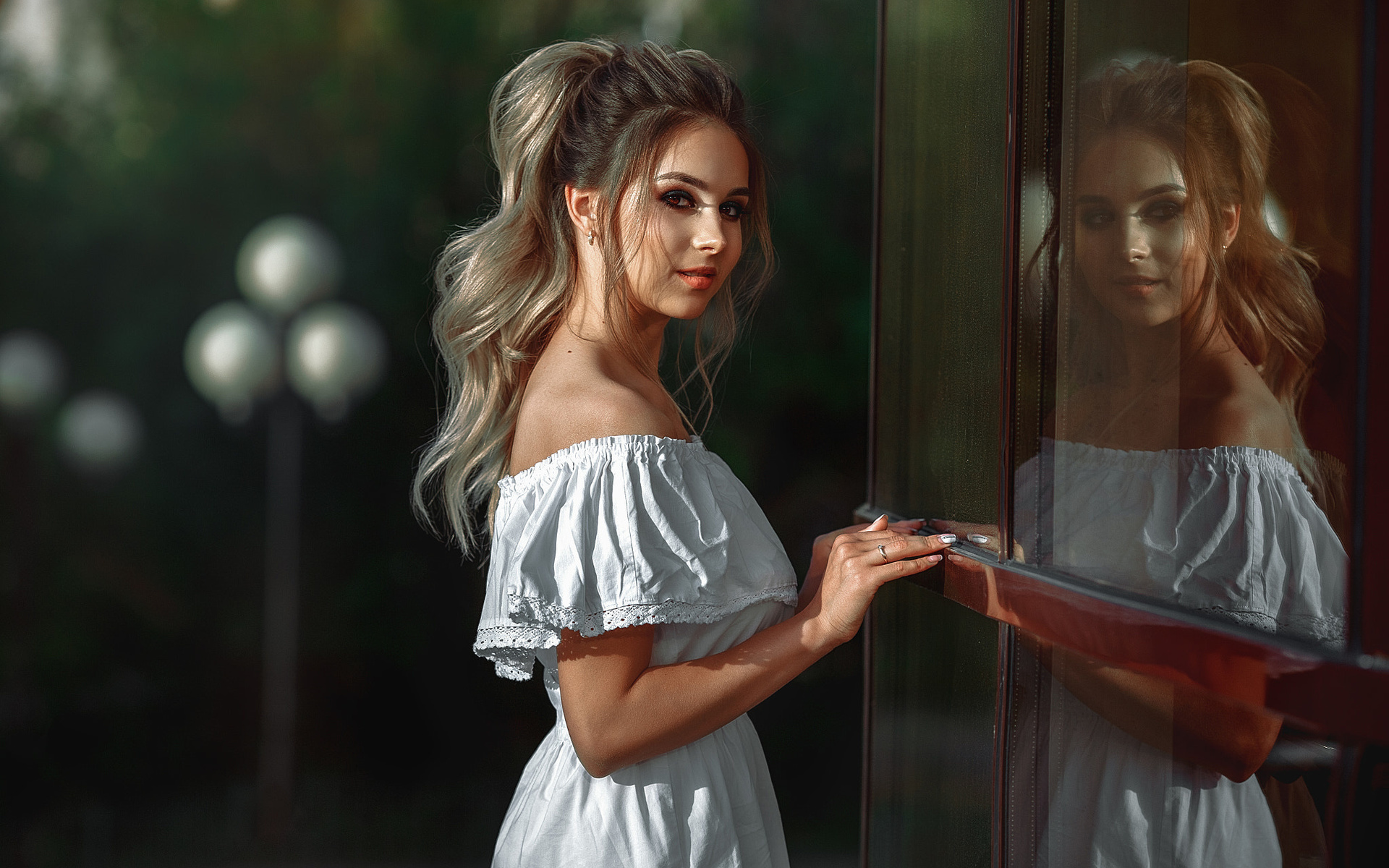 women, blonde, smiling, portrait, glass, reflection, white dress, bare shoulders