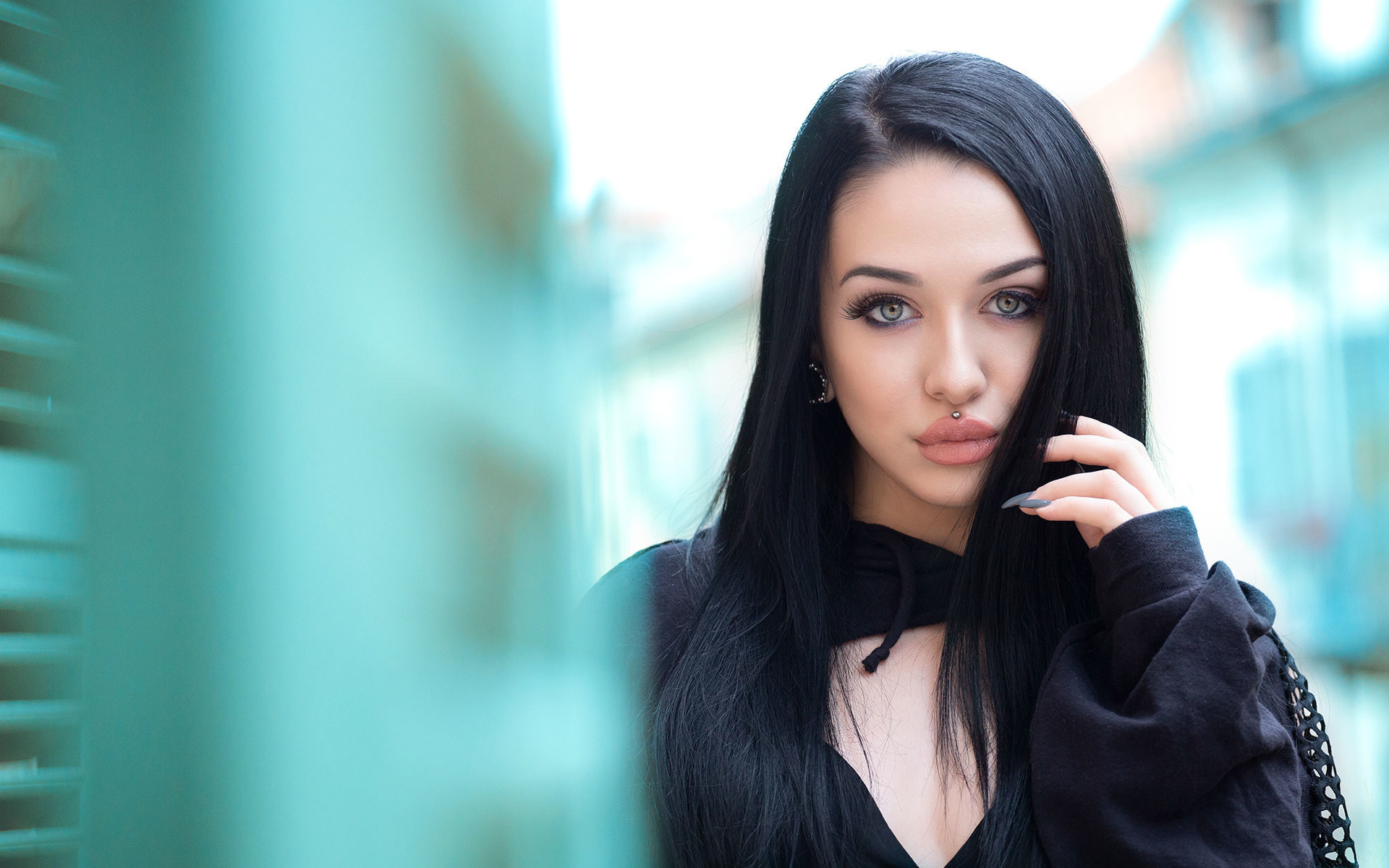 women, face, portrait, piercing, painted nails, depth of field, black hair