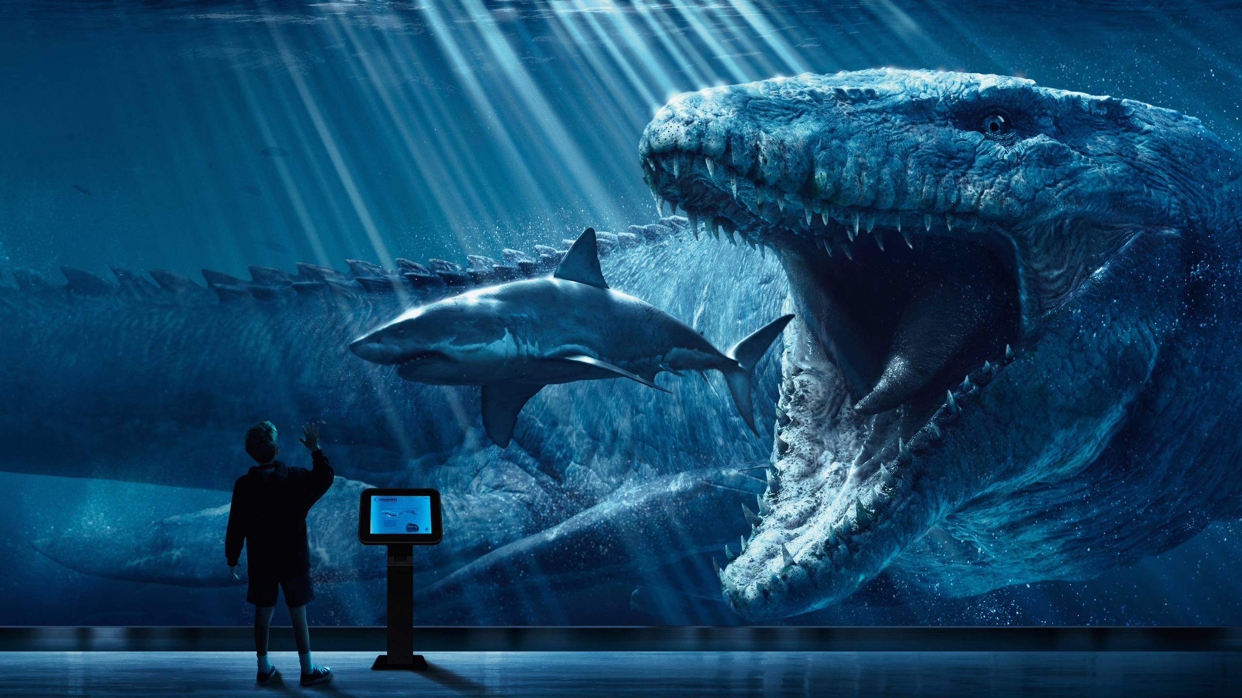 jurassic world, mosasaurus, underwater, 3d, 