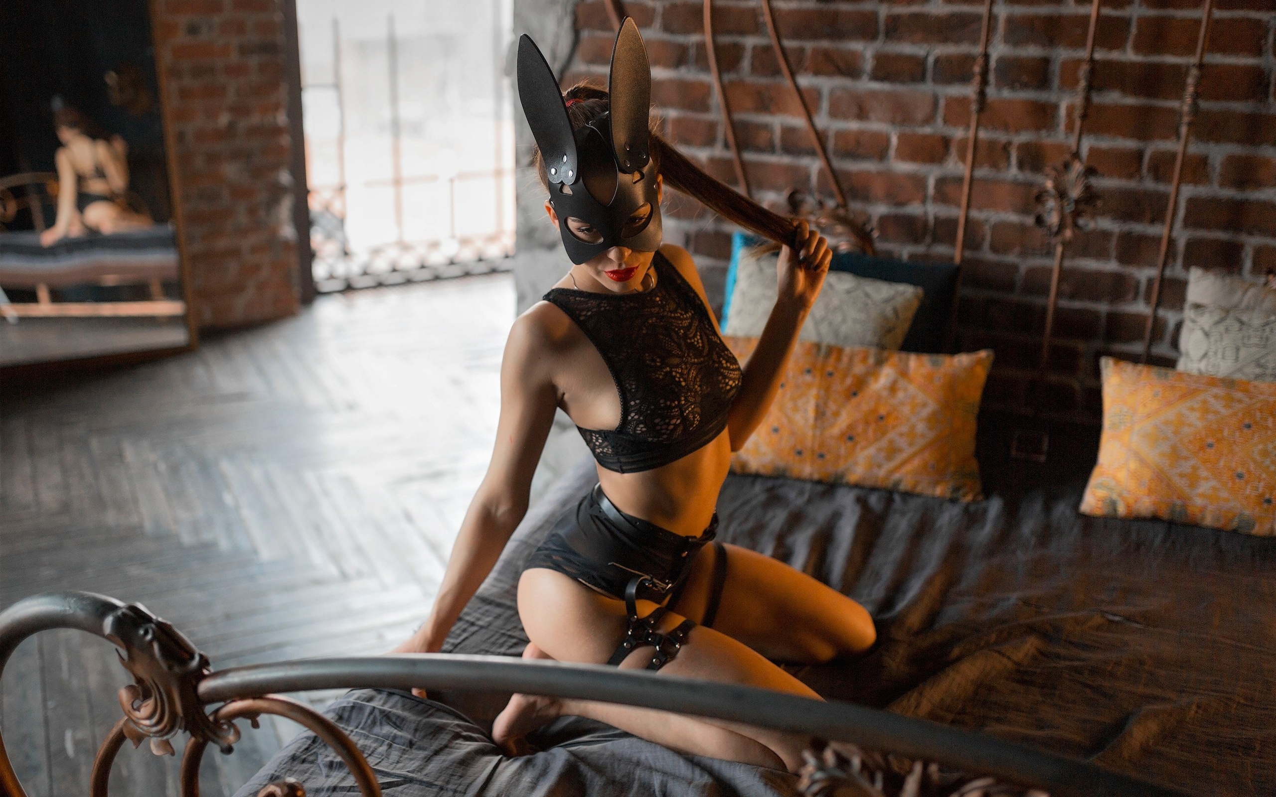 women, anna chernysheva, mask, black lingerie, red lipstick, in bed, kneeling, pillow, wall, bricks, brunette