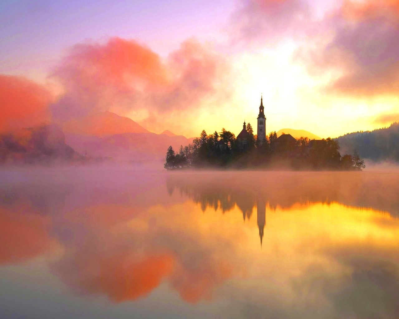 beauty, island, nature, fog, heat, lake, water, tower, lake bled, orange