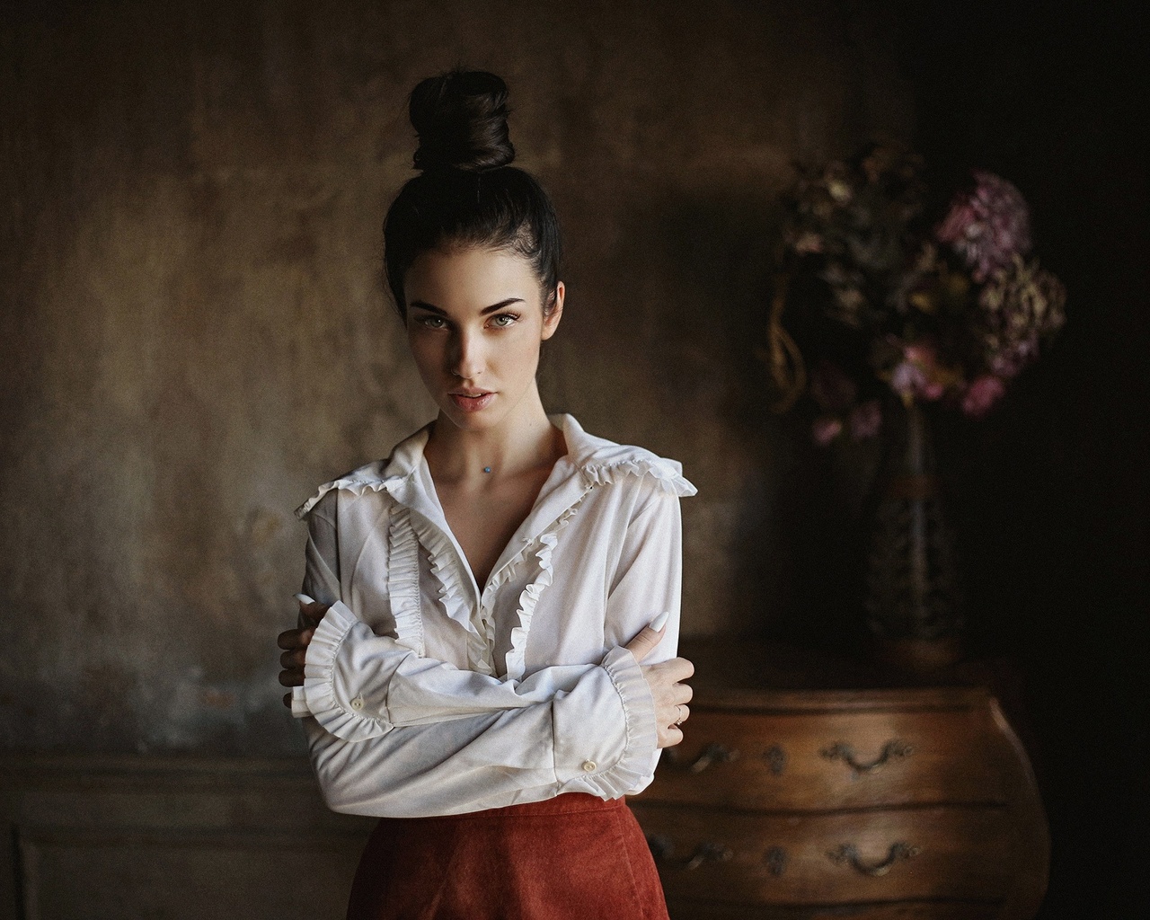 women, dmitry arhar, alla berger, hairbun, portrait, arms crossed, nose ring