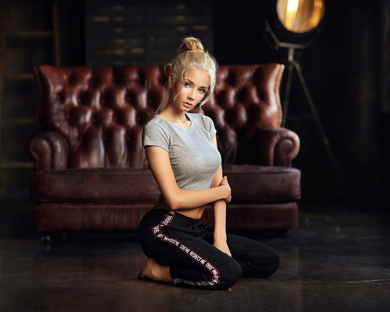 women, dmitry arhar, blonde, portrait, kneeling, couch, on the floor, belly,  