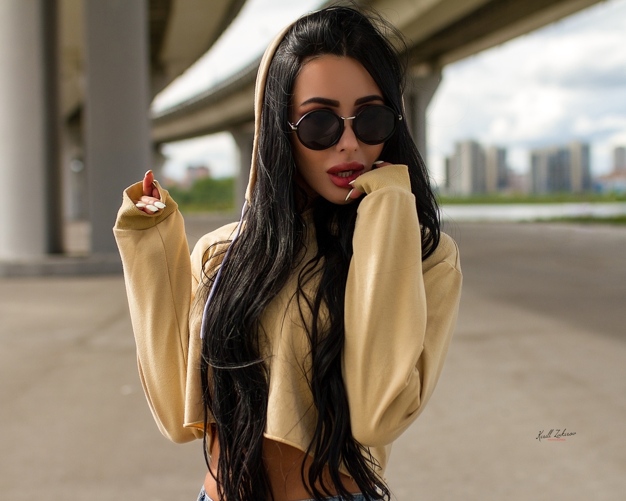 women, portrait, sunglasses, bridge, long hair, hoods, white nails, women outdoors,   ,kirill zakirov