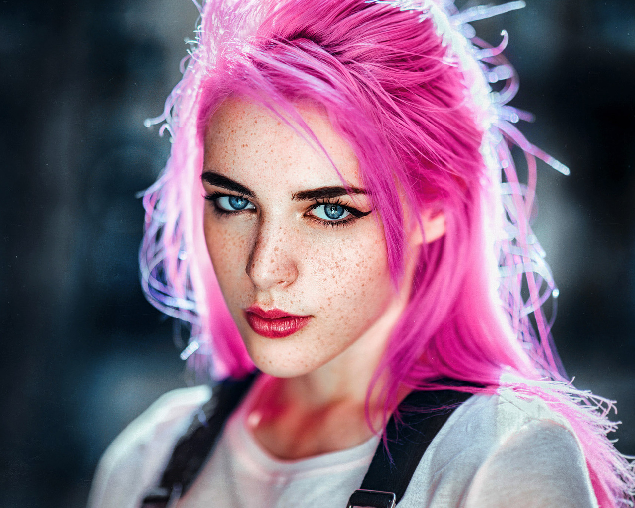 women, blue eyes, pink hair, freckles, eyeliner, gustavo terzaghi, portrait, face