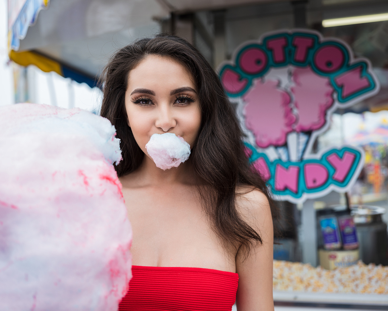 women, portrait, cotton candy, face, brunette, bare shoulders, smiling, popcorn, fair