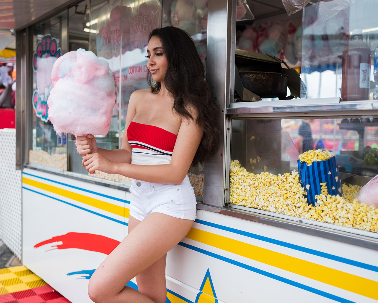 women, portrait, cotton candy, jean shorts, brunette, bare shoulders, fair