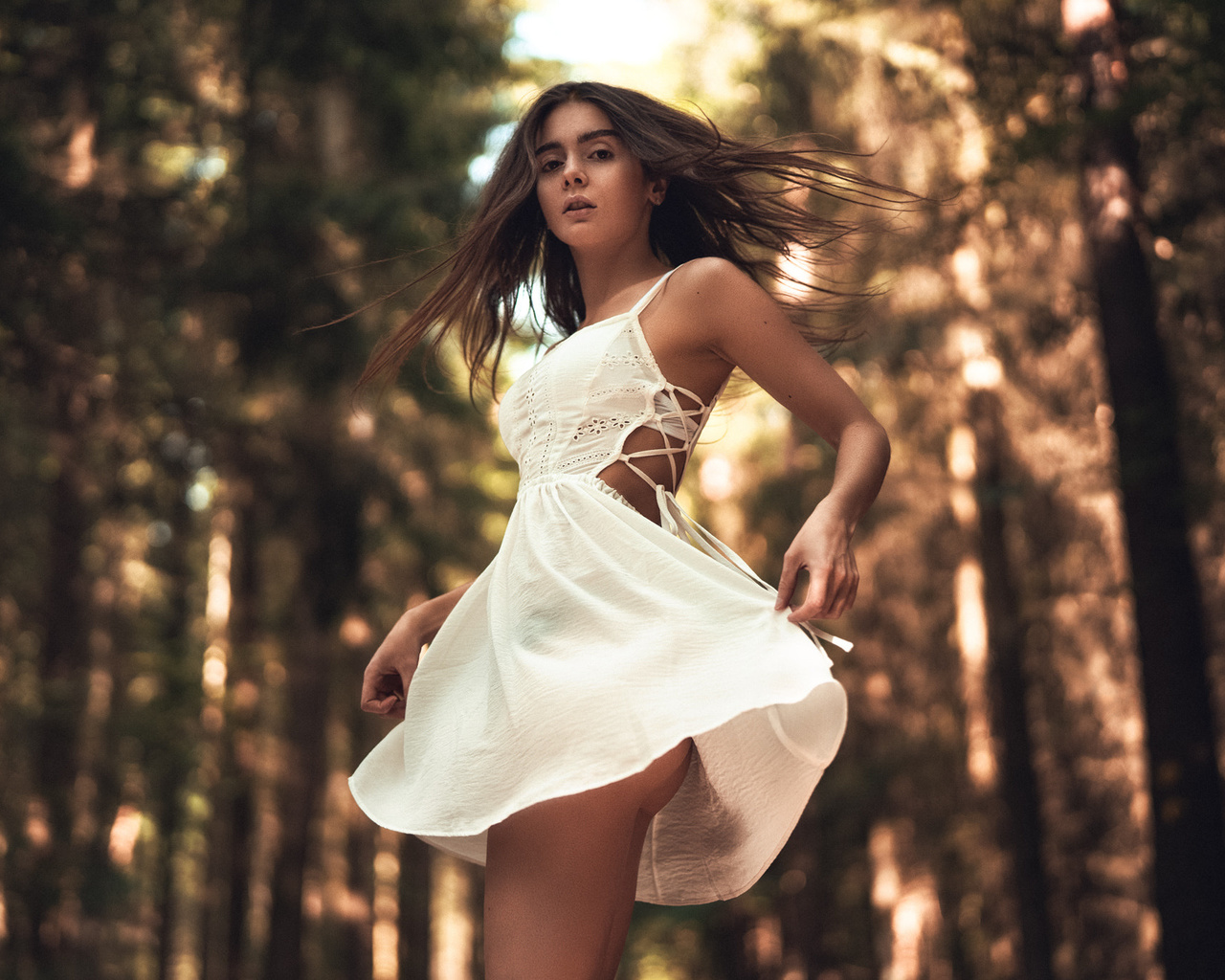 women, sara tessitore, martin kuhn, ass, rear view, trees, tanned, white dress