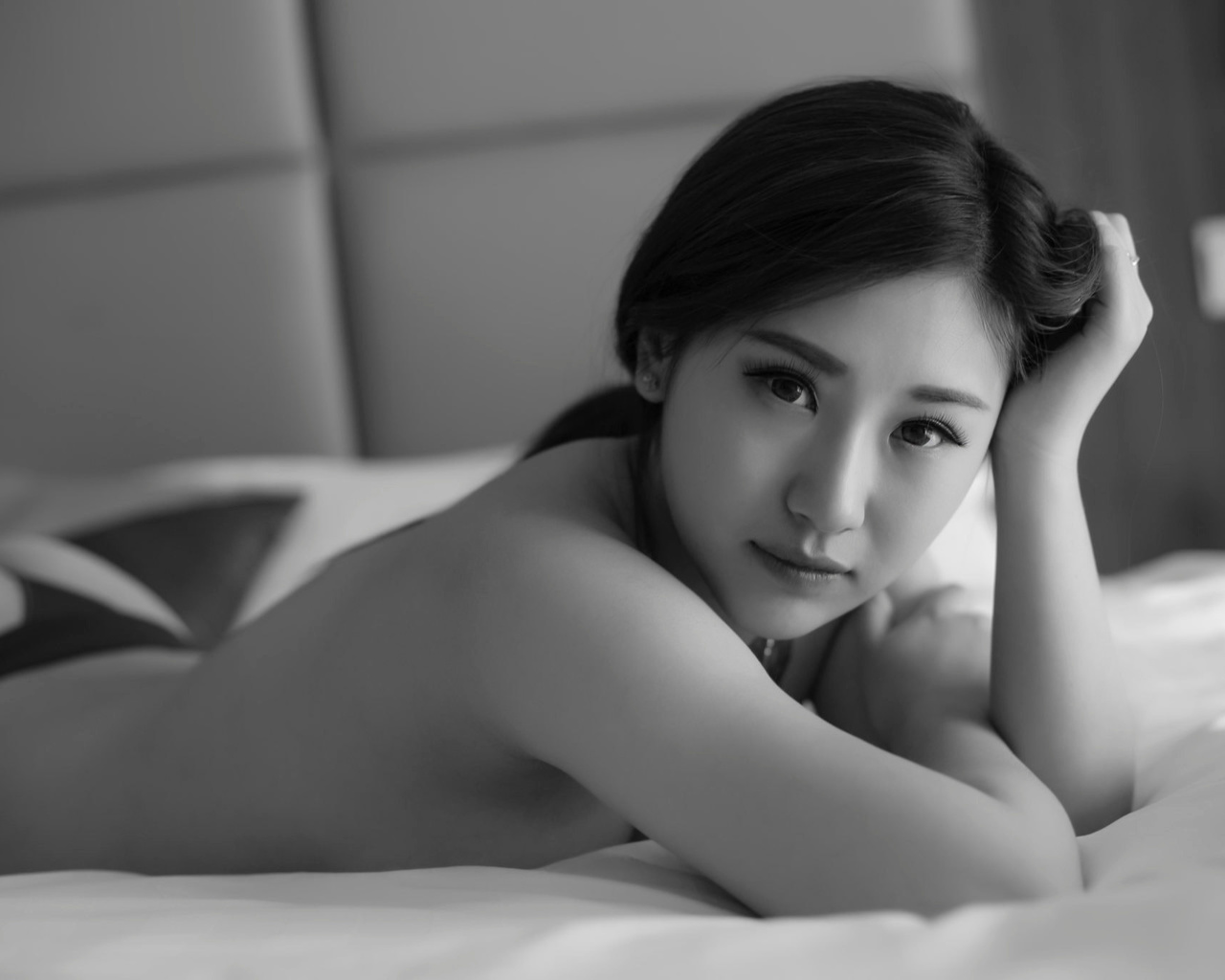 women, asian, black panties, portrait, ass, monochrome, lying on front, in bed