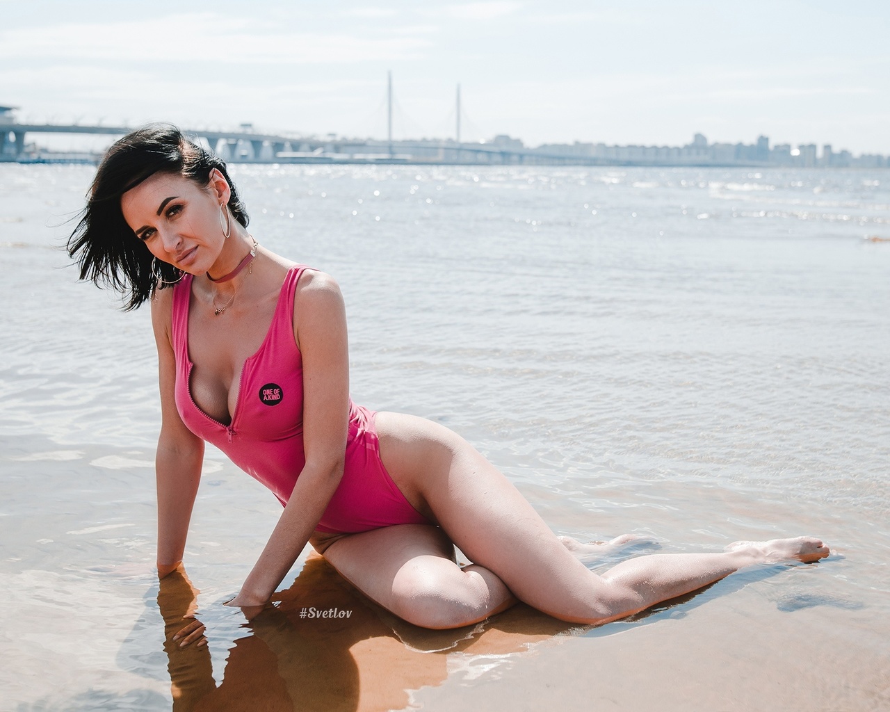 women, beach, one-piece swimsuit, portrait, sand, women outdoors, short hair, timur svetlov, sea, sitting