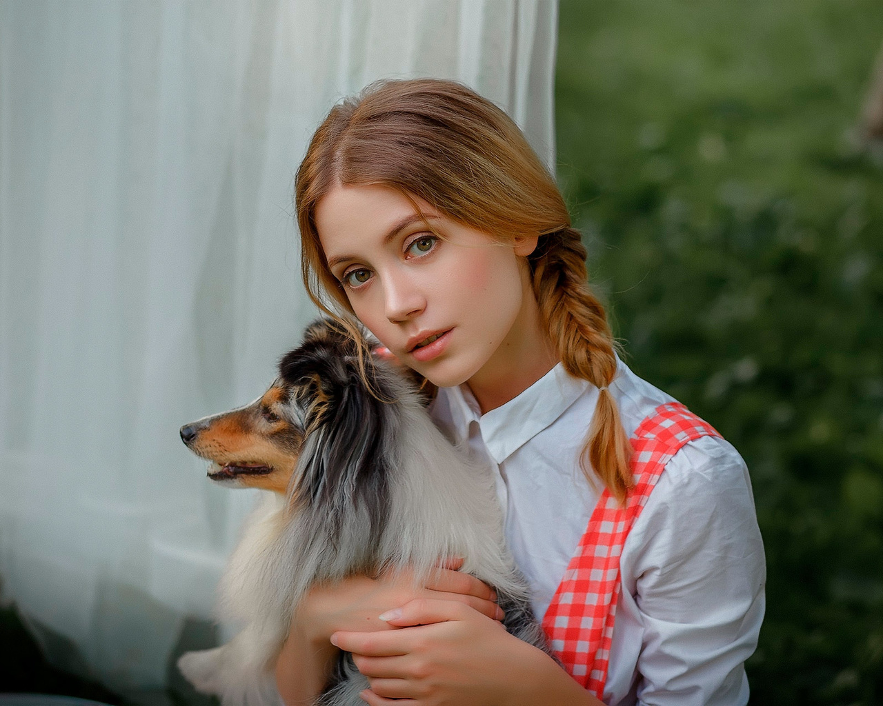 women, ksenia kokoreva, pigtails, portrait, blonde, dog, white dress, white clothing, women outdoors