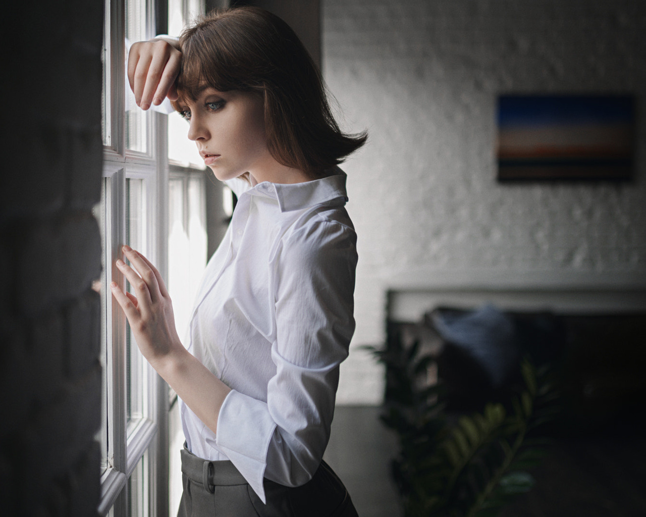 women, olya pushkina, white shirt, portrait, sergey fat