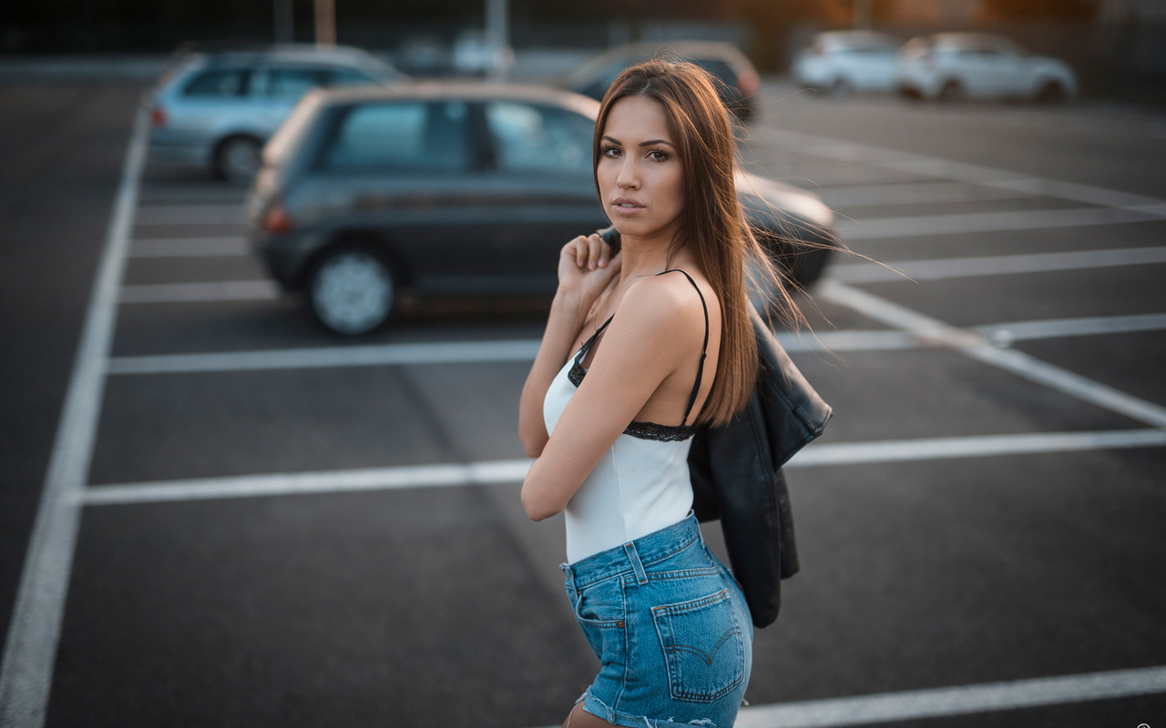 women, portrait, jean shorts, car, women outdoors, parking, brunette, leather jackets