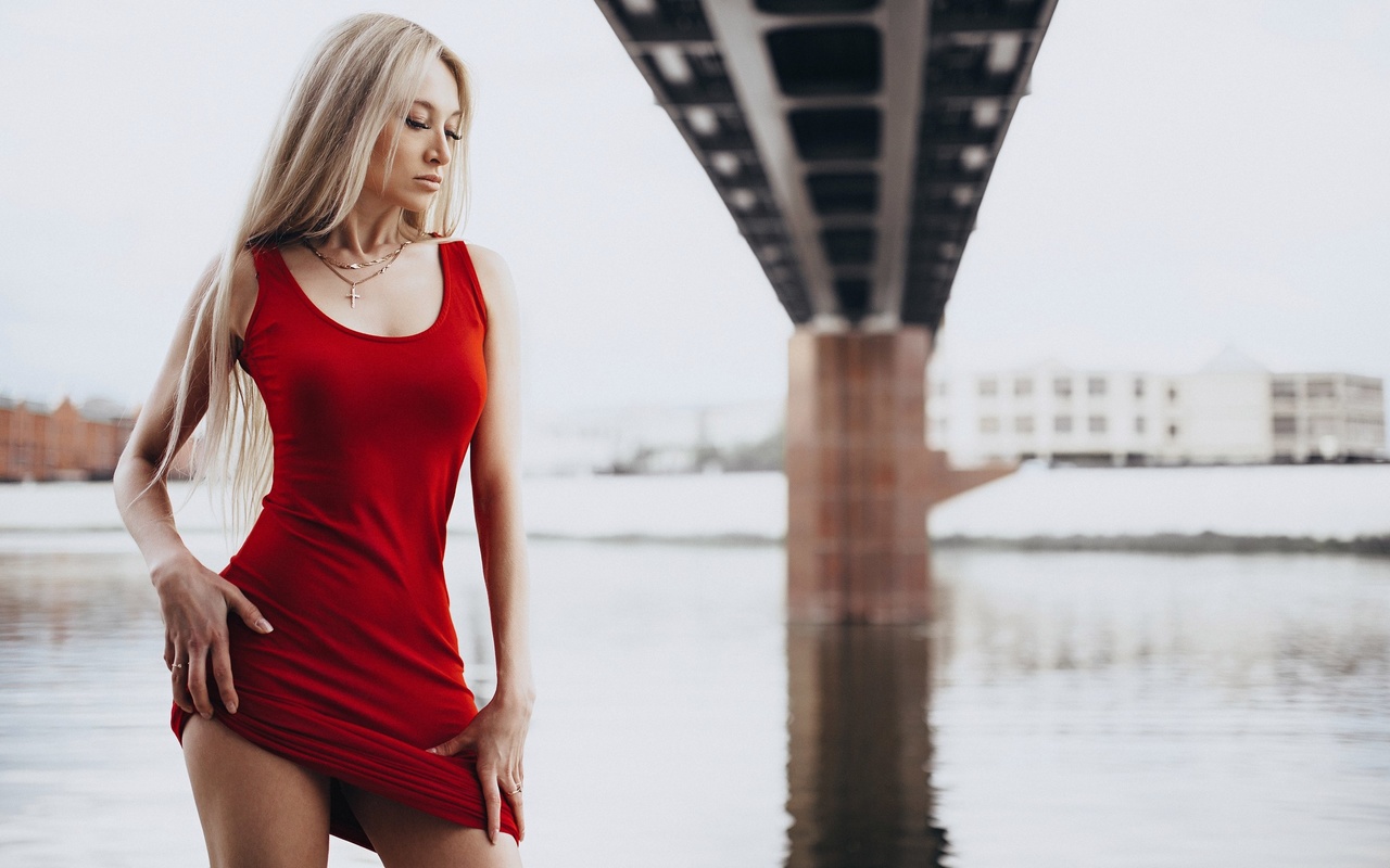 women, blonde, portrait, necklace, river, bridge, long hair, women outdoors, red dress