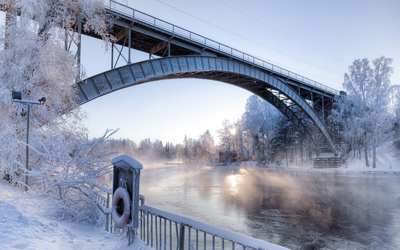 morning, bridge, snow, winter, arch, river