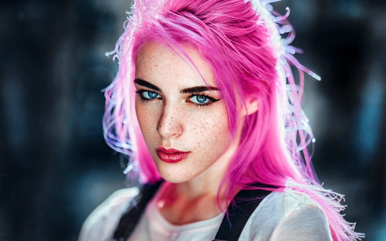 women, blue eyes, pink hair, freckles, eyeliner, gustavo terzaghi, portrait, face