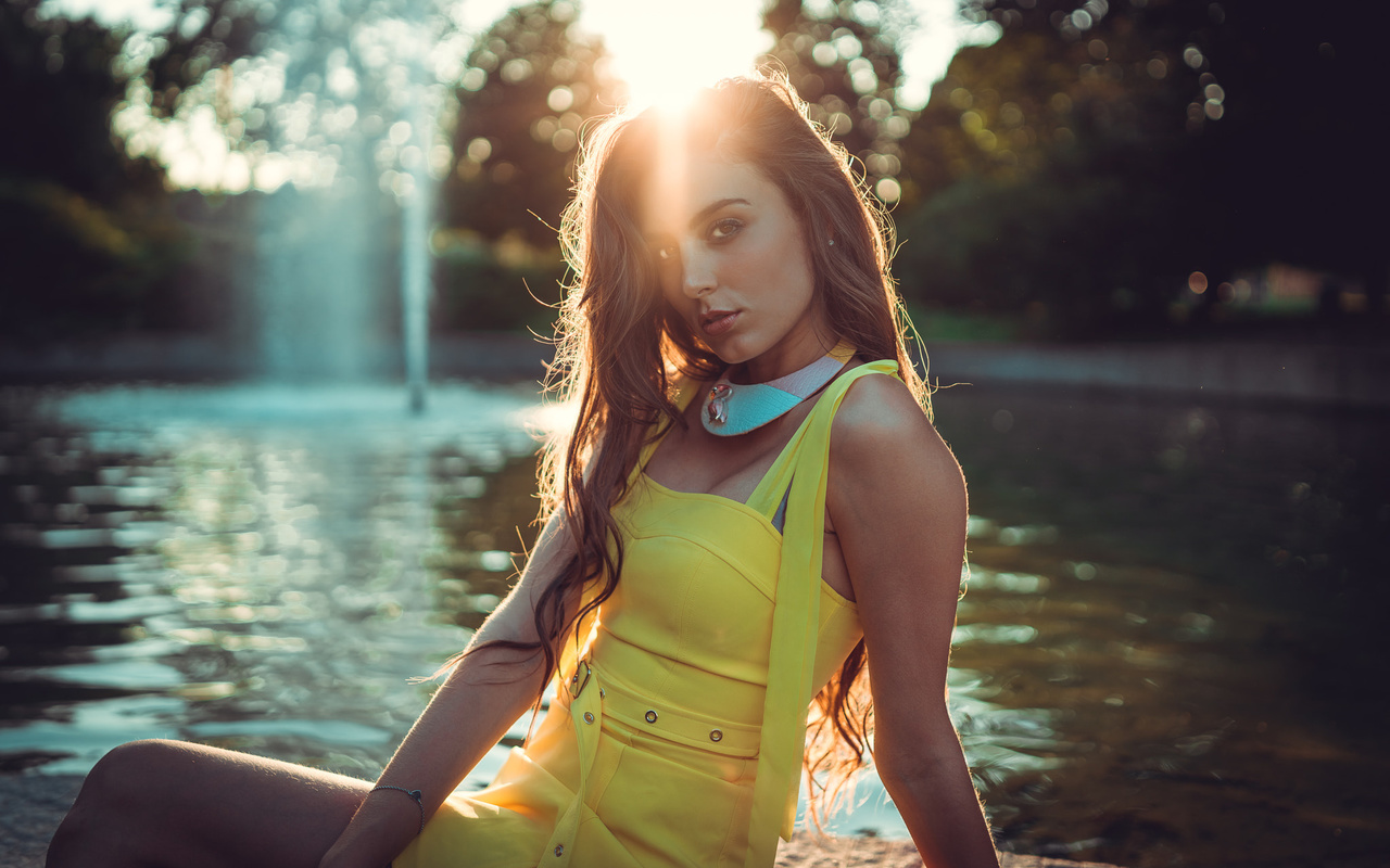 women, blonde, water, bokeh, portrait, yellow dress, women outdoors, long hair, marco squassina