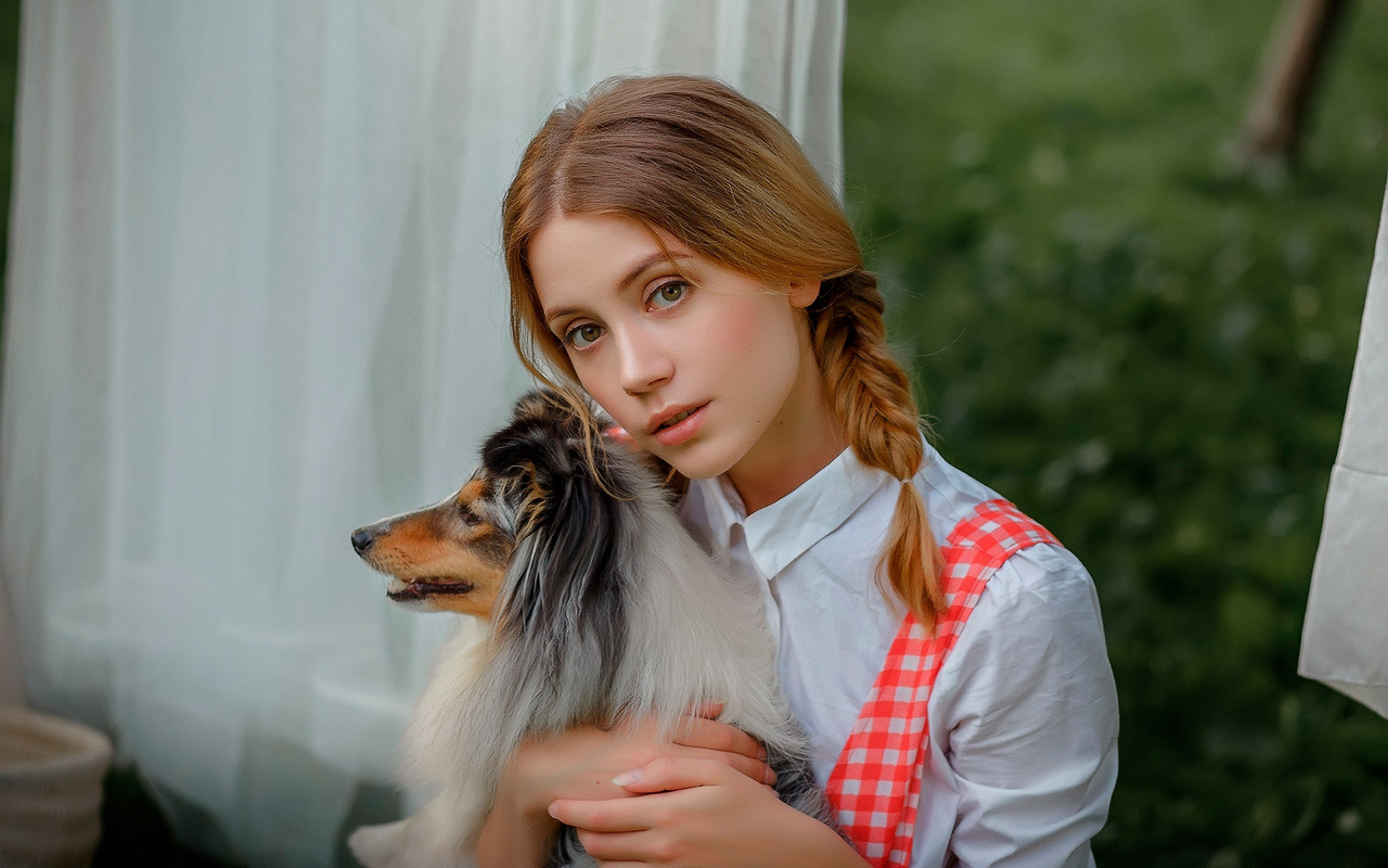 women, ksenia kokoreva, pigtails, portrait, blonde, dog, white dress, white clothing, women outdoors