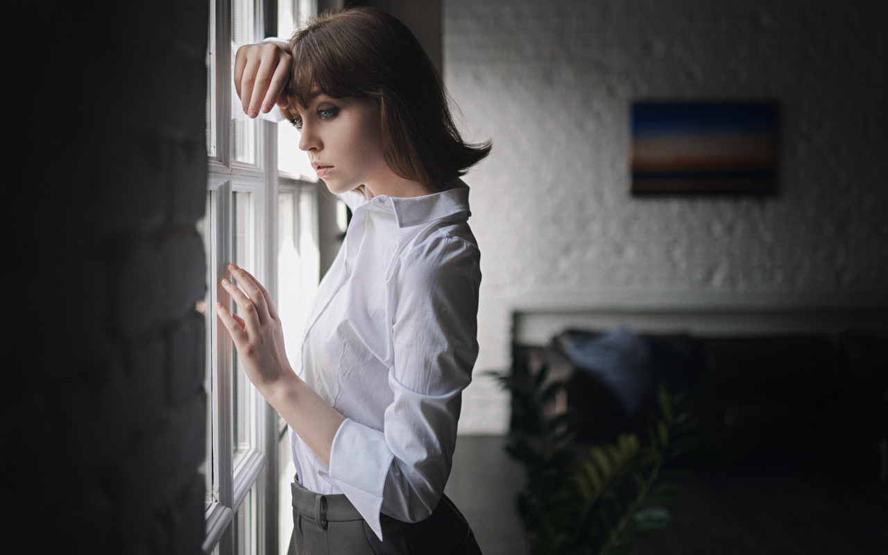 women, olya pushkina, white shirt, portrait, sergey fat