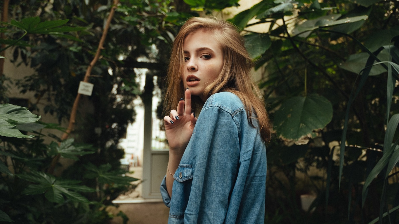 women, face, portrait, women outdoors, denim shirt, painted nails