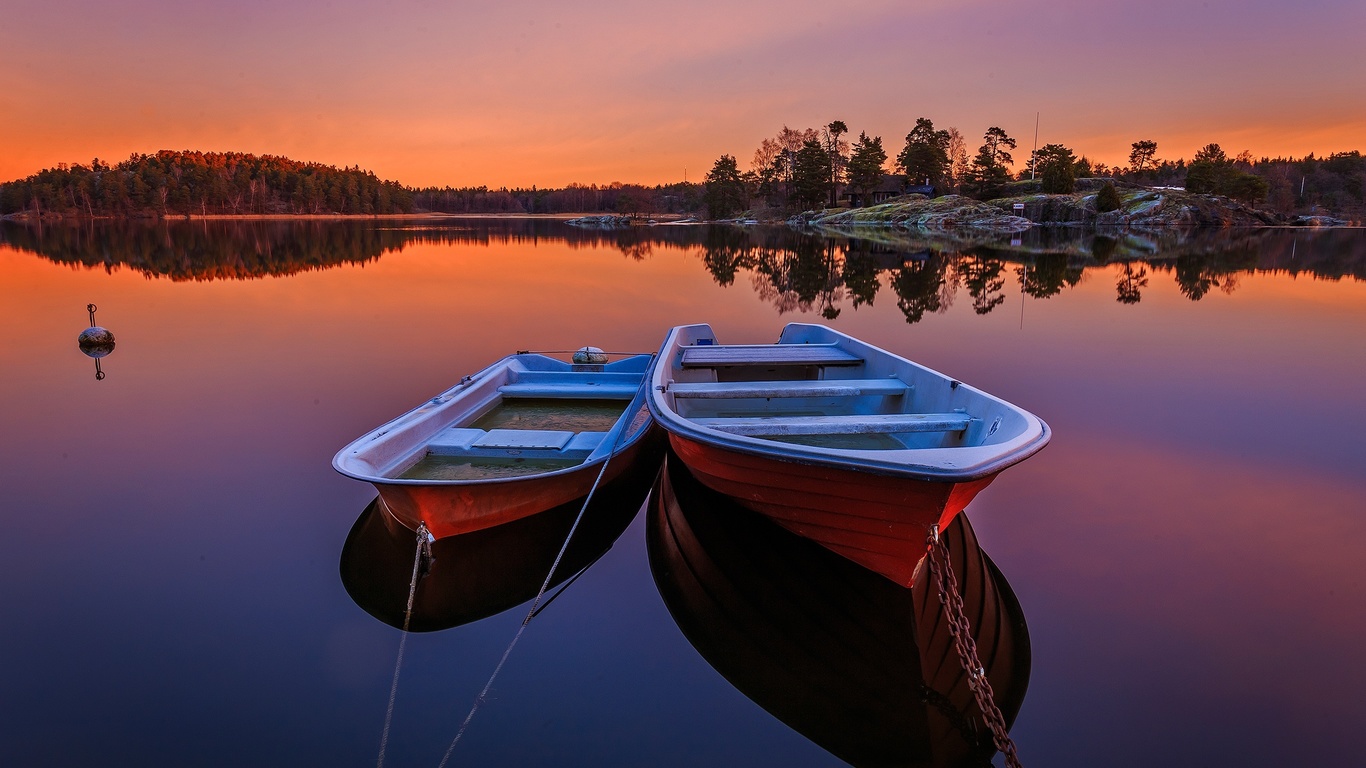 sunset, forest, river, sweden, trees, the evening, boats