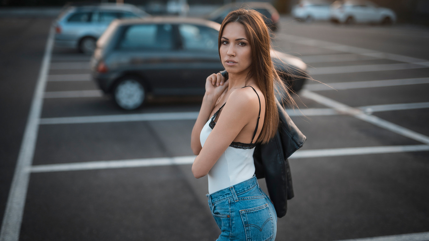 women, portrait, jean shorts, car, women outdoors, parking, brunette, leather jackets