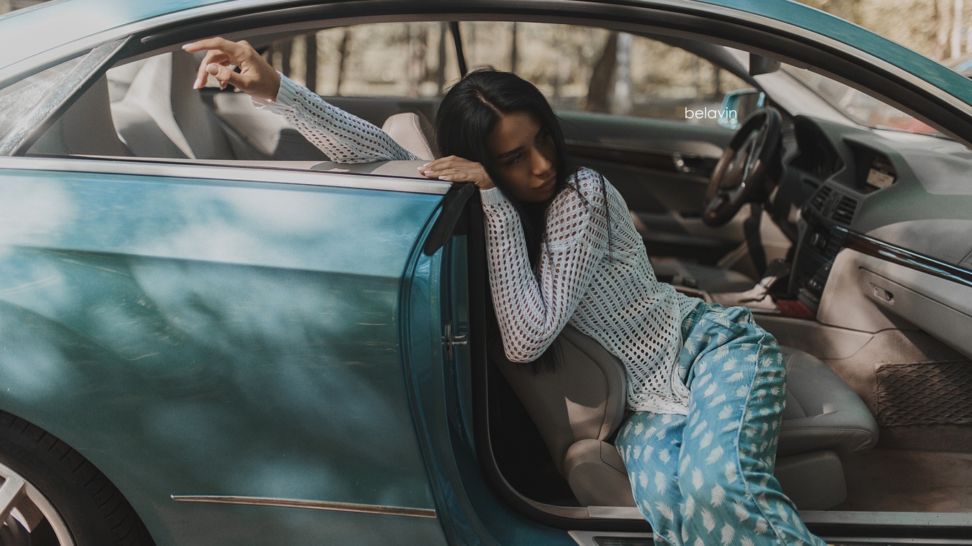 women, alexander belavin, tanned, sitting, portrait, women with cars, looking away