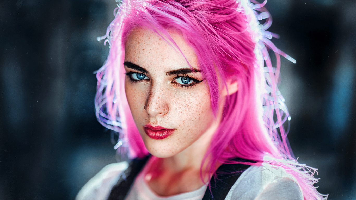 women, blue eyes, pink hair, freckles, eyeliner, gustavo terzaghi, portrait, face